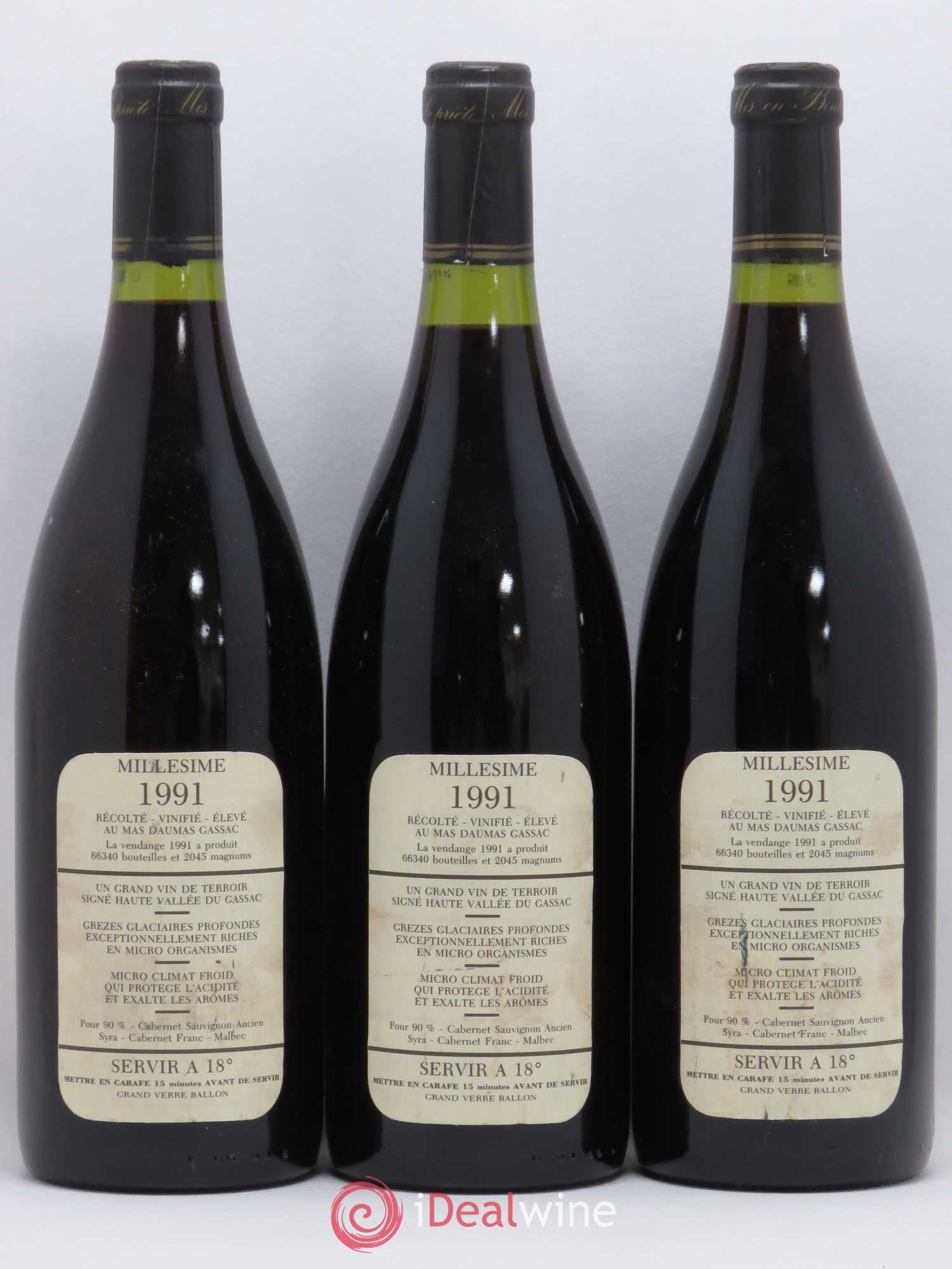 Saint-Guilhem-le-Désert - Cité d'Aniane Mas Daumas Gassac Famille Guibert de La Vaissière 1991 - Lot de 3 bouteilles - 1