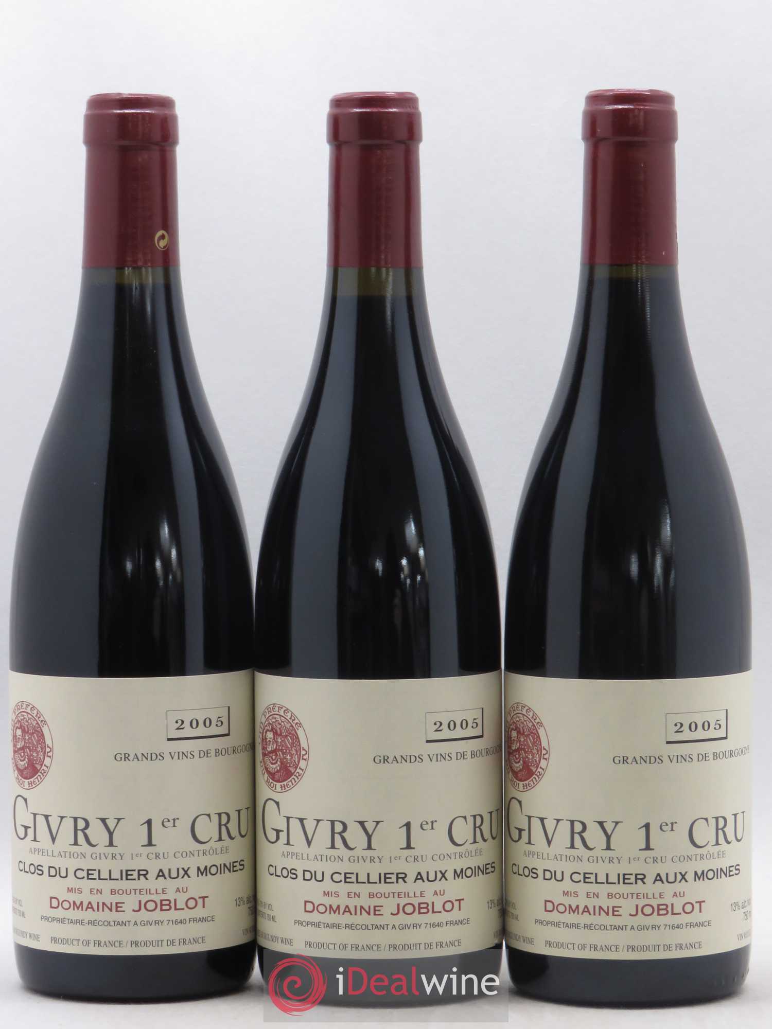 Givry 1er Cru Clos du Cellier aux Moines Joblot (Domaine) 2005 - Lot de 3 bouteilles - 0