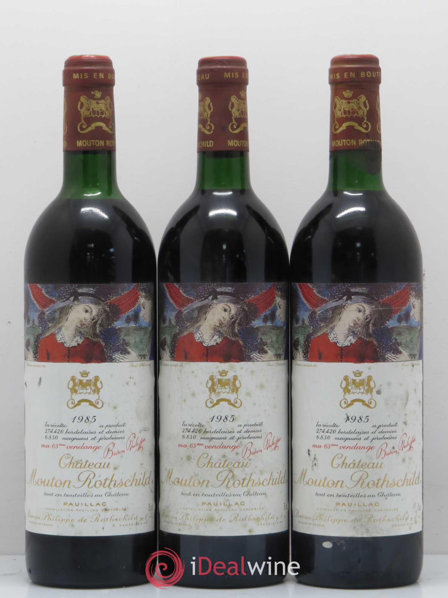 Château Mouton Rothschild 1er Grand Cru Classé 1985 - Lot de 3 bouteilles - 0