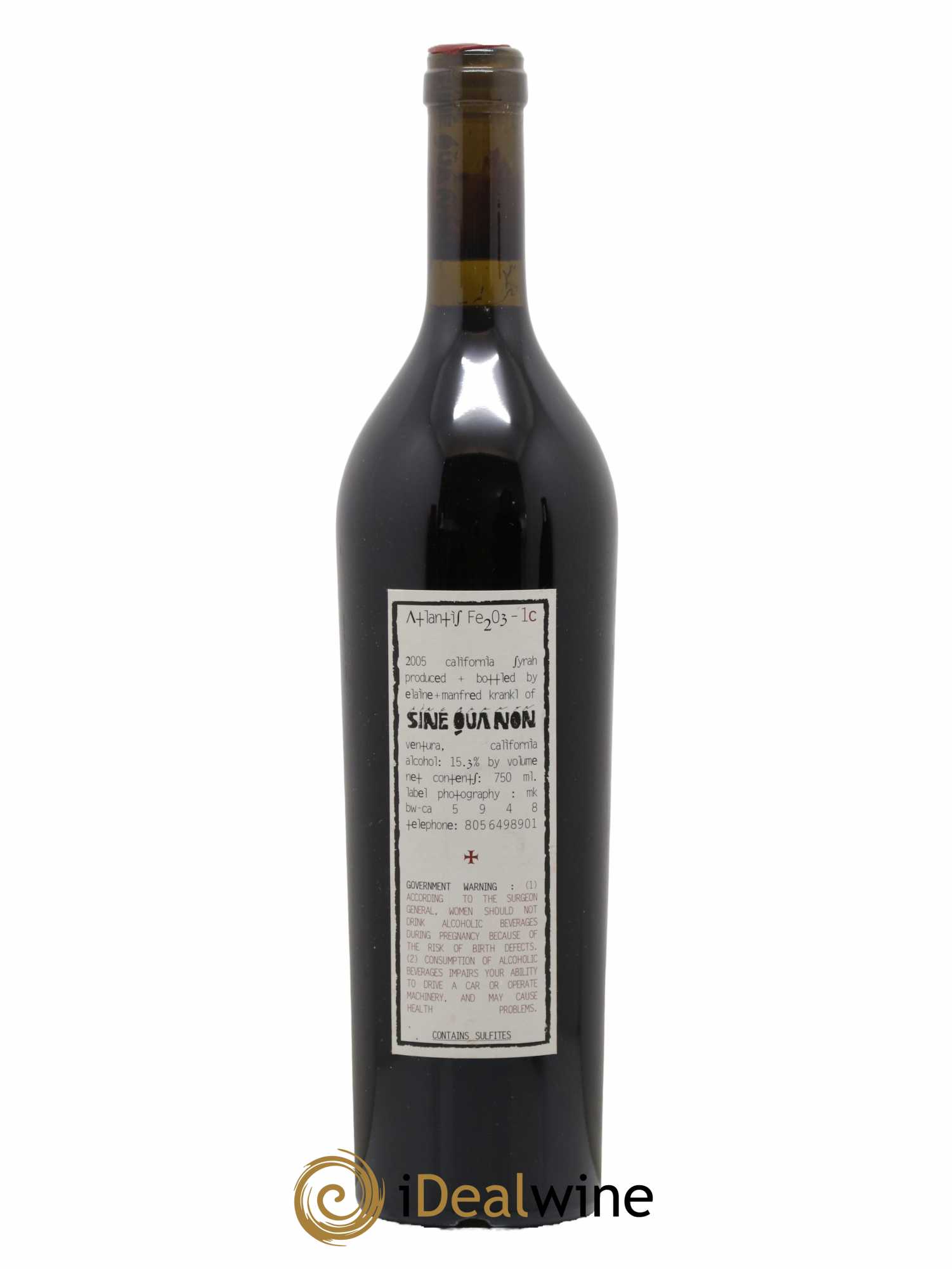 Californie Sine Qua Non Atlantis Fe2O3 Syrah Manfred Krankl 2005 - Lot de 1 bouteille - 1