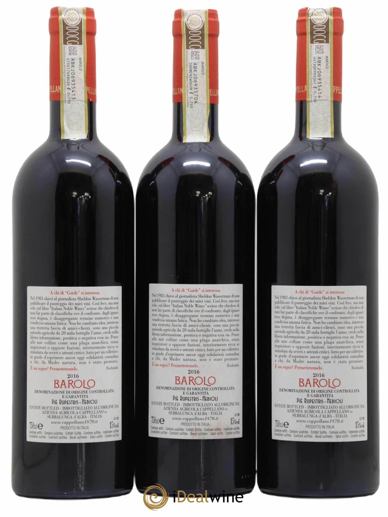 Barolo DOCG Pie Rupestris Cappellano 2016 - Lot de 3 bouteilles - 1