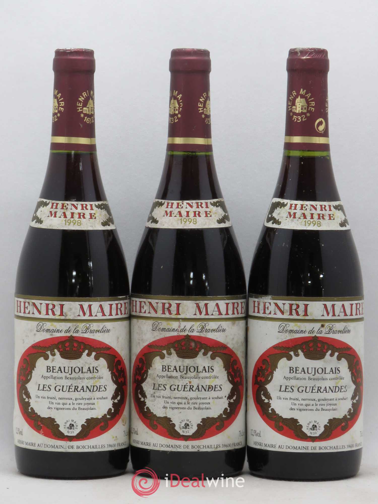 Beaujolais Les Guerandes Domaine de La Bravelière Henri Maire (sans prix de réserve) 1998 - Posten von 6 Flaschen - 1