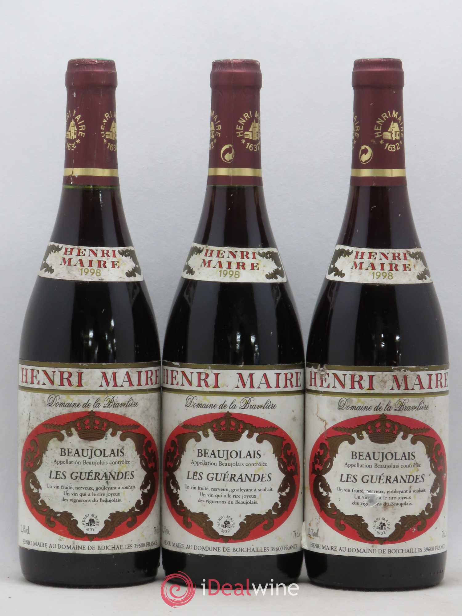 Beaujolais Les Guerandes Domaine de La Bravelière Henri Maire (sans prix de réserve) 1998 - Posten von 3 Flaschen - 0