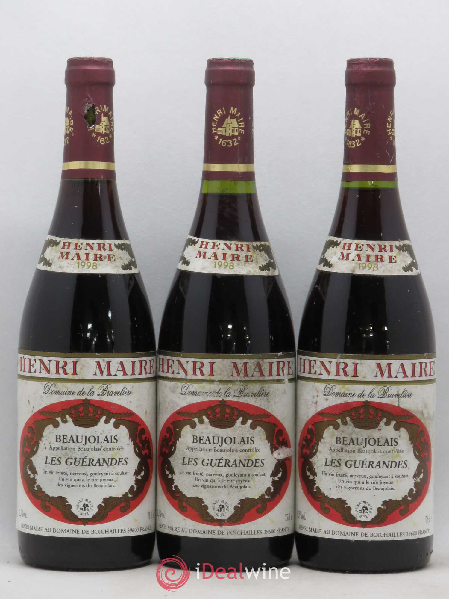 Beaujolais Les Guerandes Domaine de La Bravelière Henri Maire (sans prix de réserve) 1998 - Posten von 3 Flaschen - 0