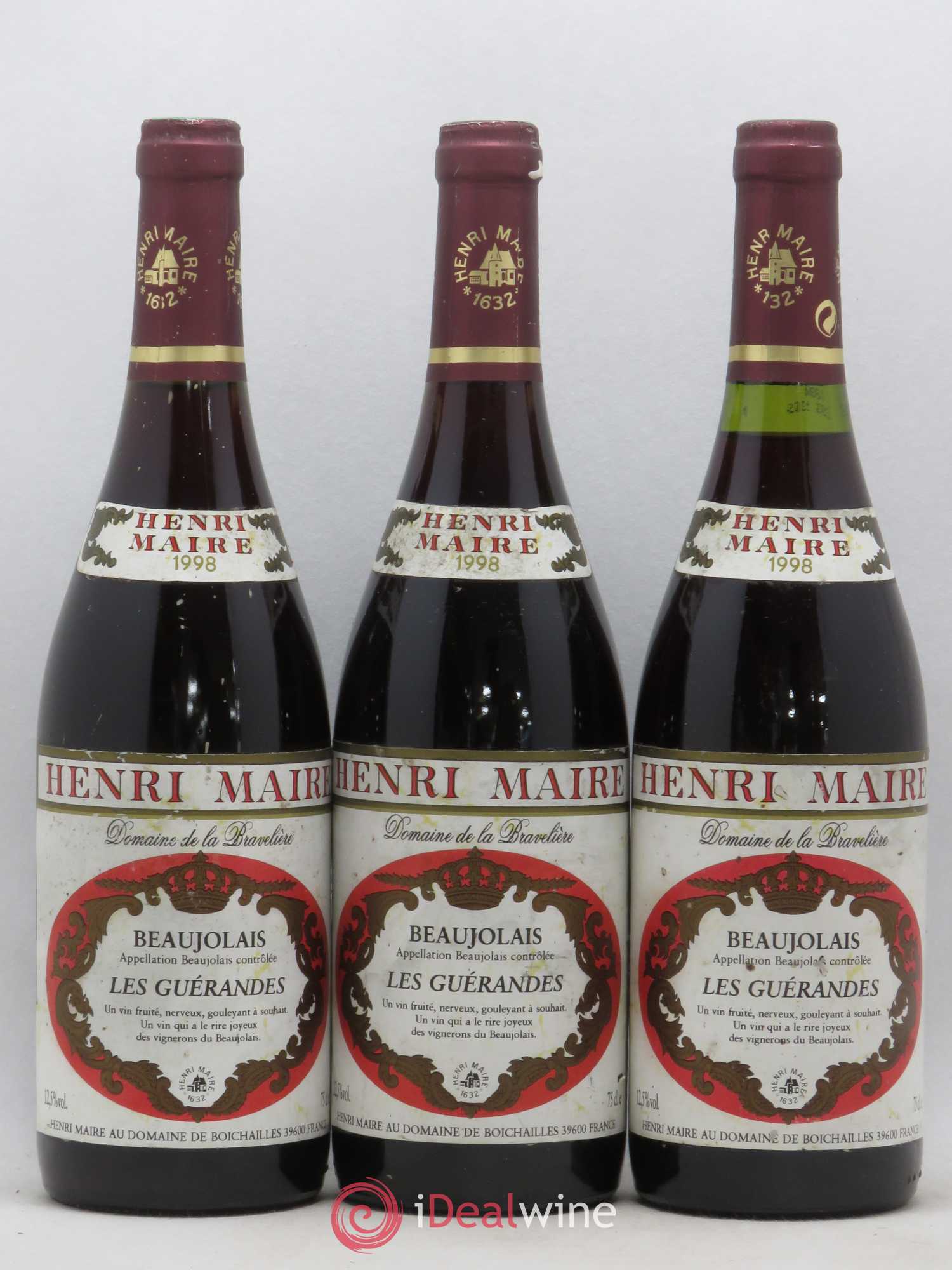 Beaujolais Les Guerandes Domaine de La Bravelière Henri Maire (sans prix de réserve) 1998 - Posten von 3 Flaschen - 0