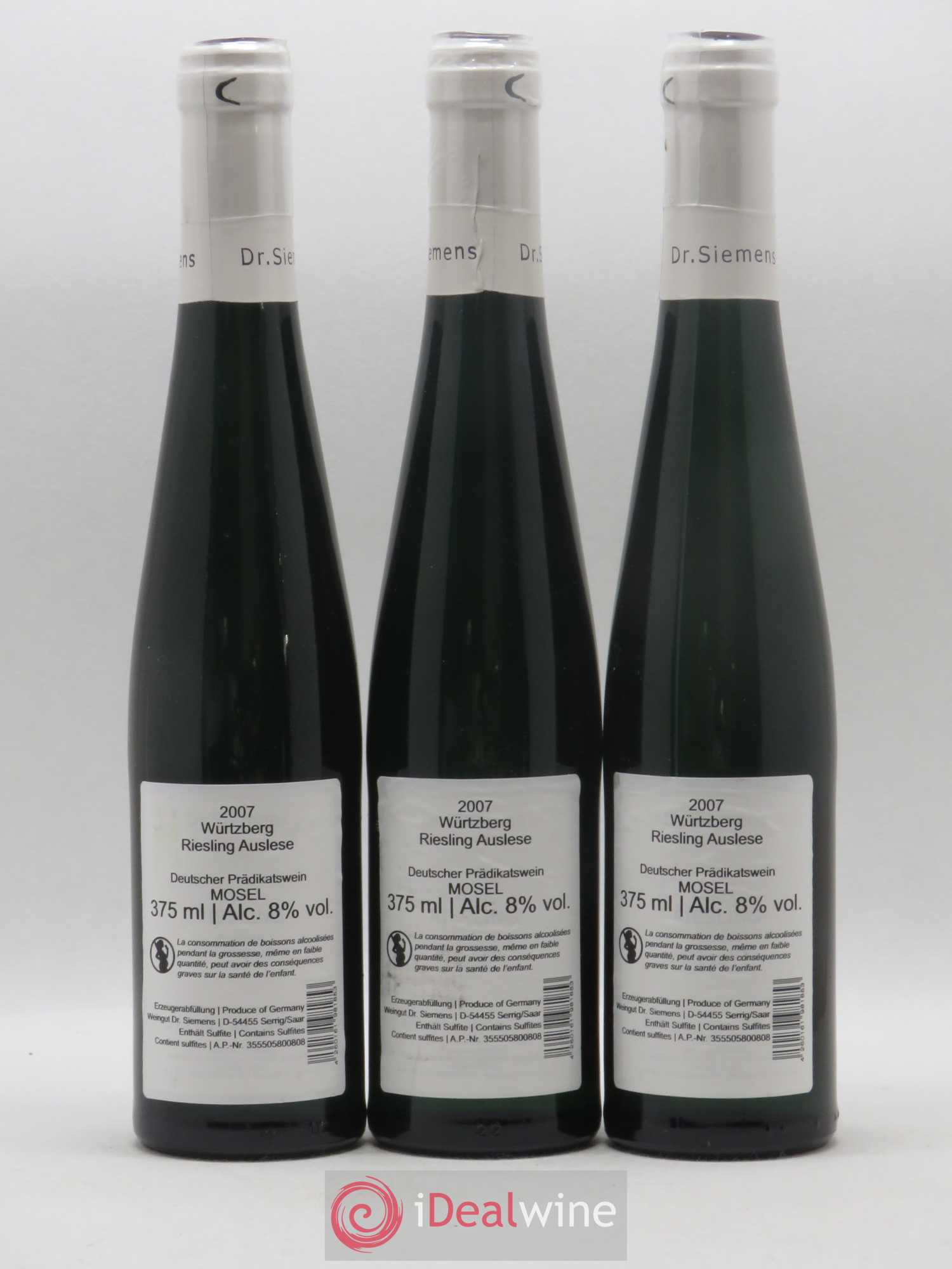 Allemagne Mosel-Saar Dr Siemens Riesling Auslese Wurtzberg 2007 - Posten von 3 Demi-Flaschen - 1