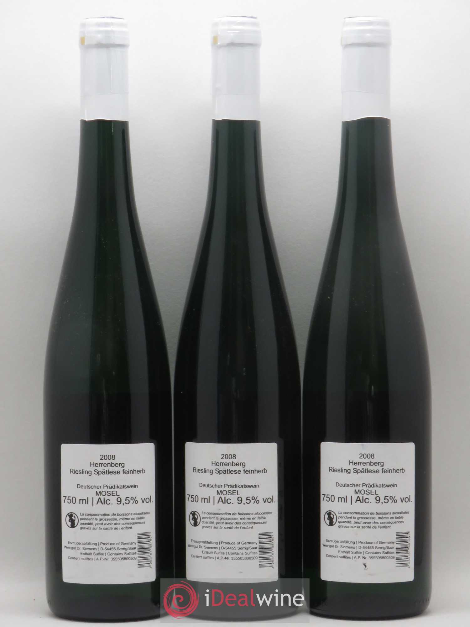 Allemagne Mosel-Saar Dr Siemens Riesling Spatlese Feinherb Herrenberg 2008 - Posten von 3 Flaschen - 1