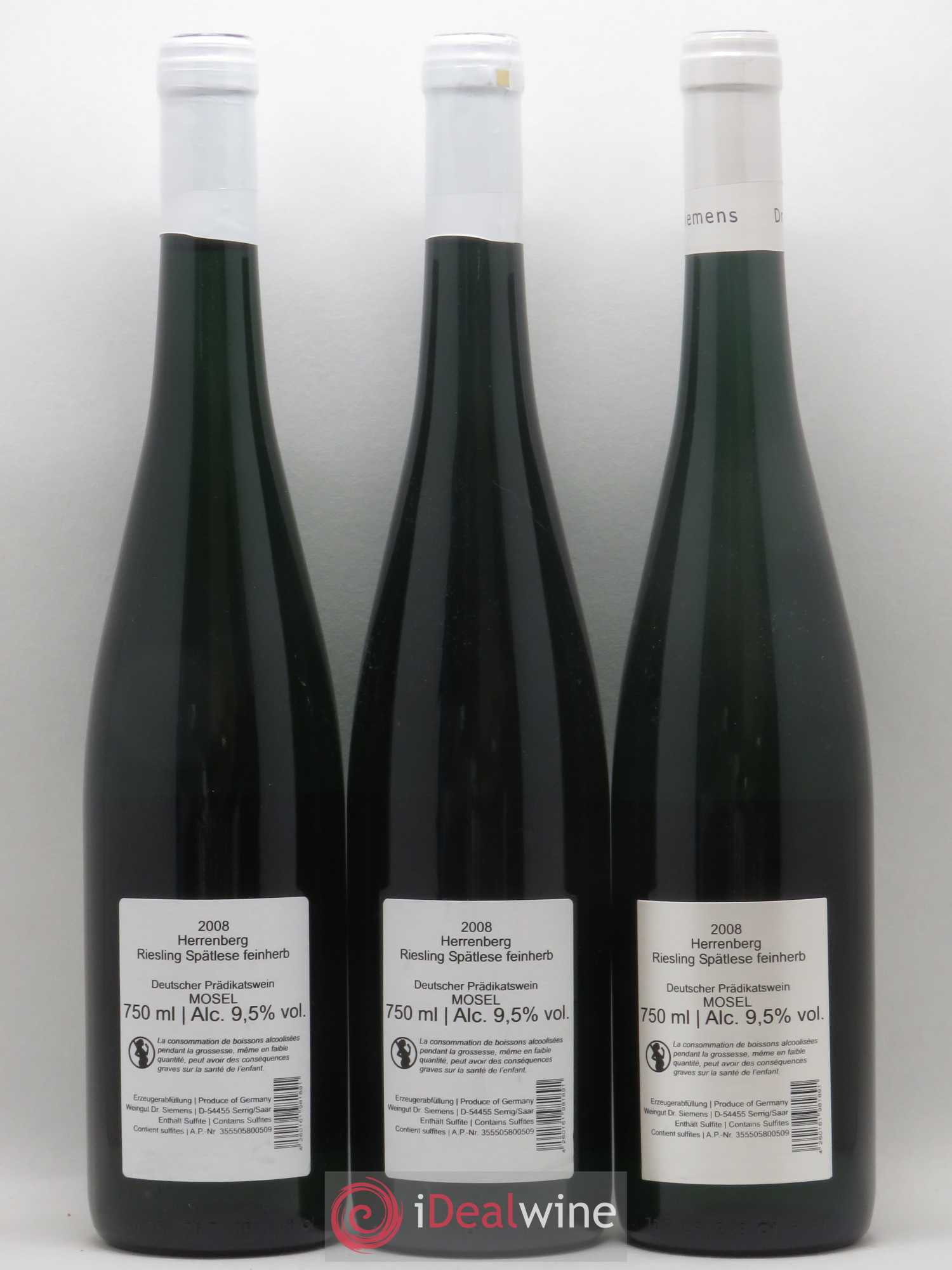 Allemagne Mosel-Saar Dr Siemens Riesling Spatlese Feinherb Herrenberg 2008 - Posten von 3 Flaschen - 1