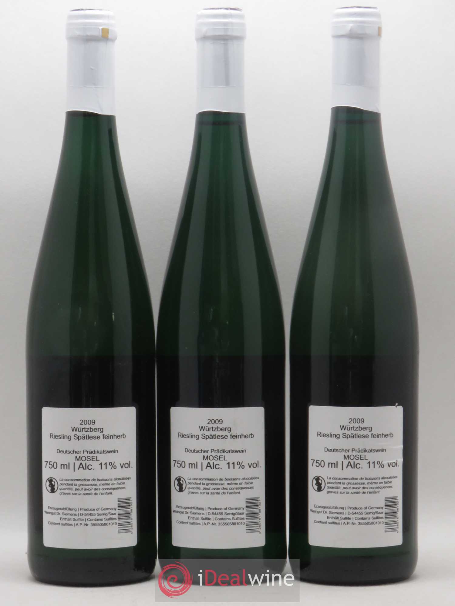 Allemagne Mosel-Saar Dr Siemens Riesling Spatlese Feinherb Wurtzberg 2009 - Posten von 3 Flaschen - 1