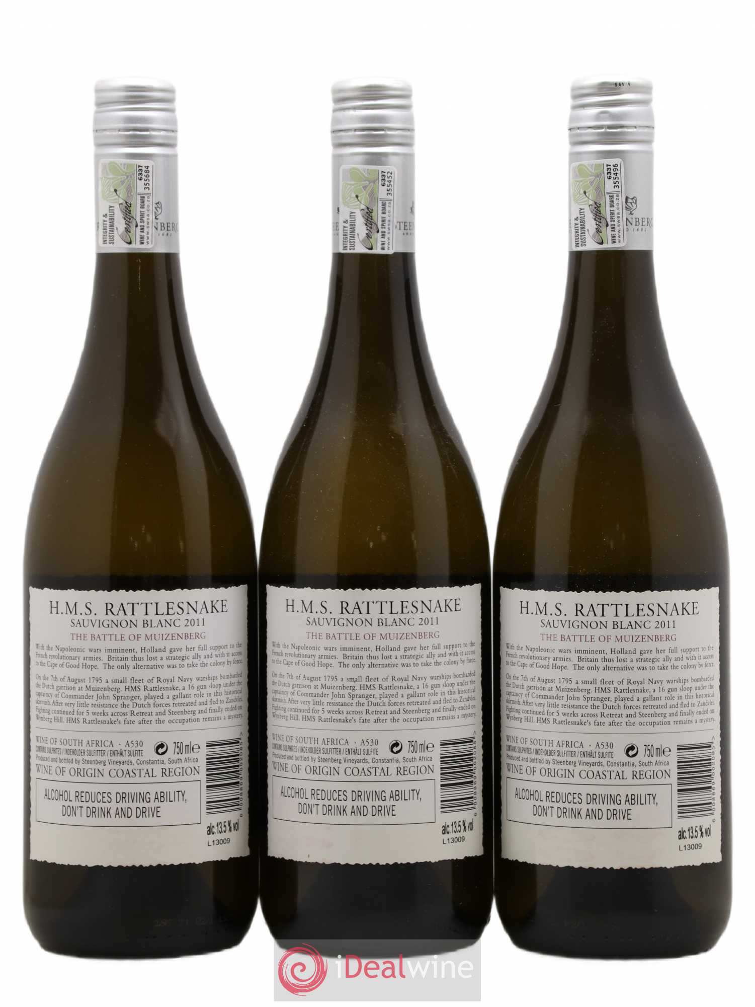 Afrique du Sud Stennberg Vineyards H.M.S Rattlesnake The Battle Of Muizemberg Sauvignon Blanc 2011 - Posten von 3 Flaschen - 1