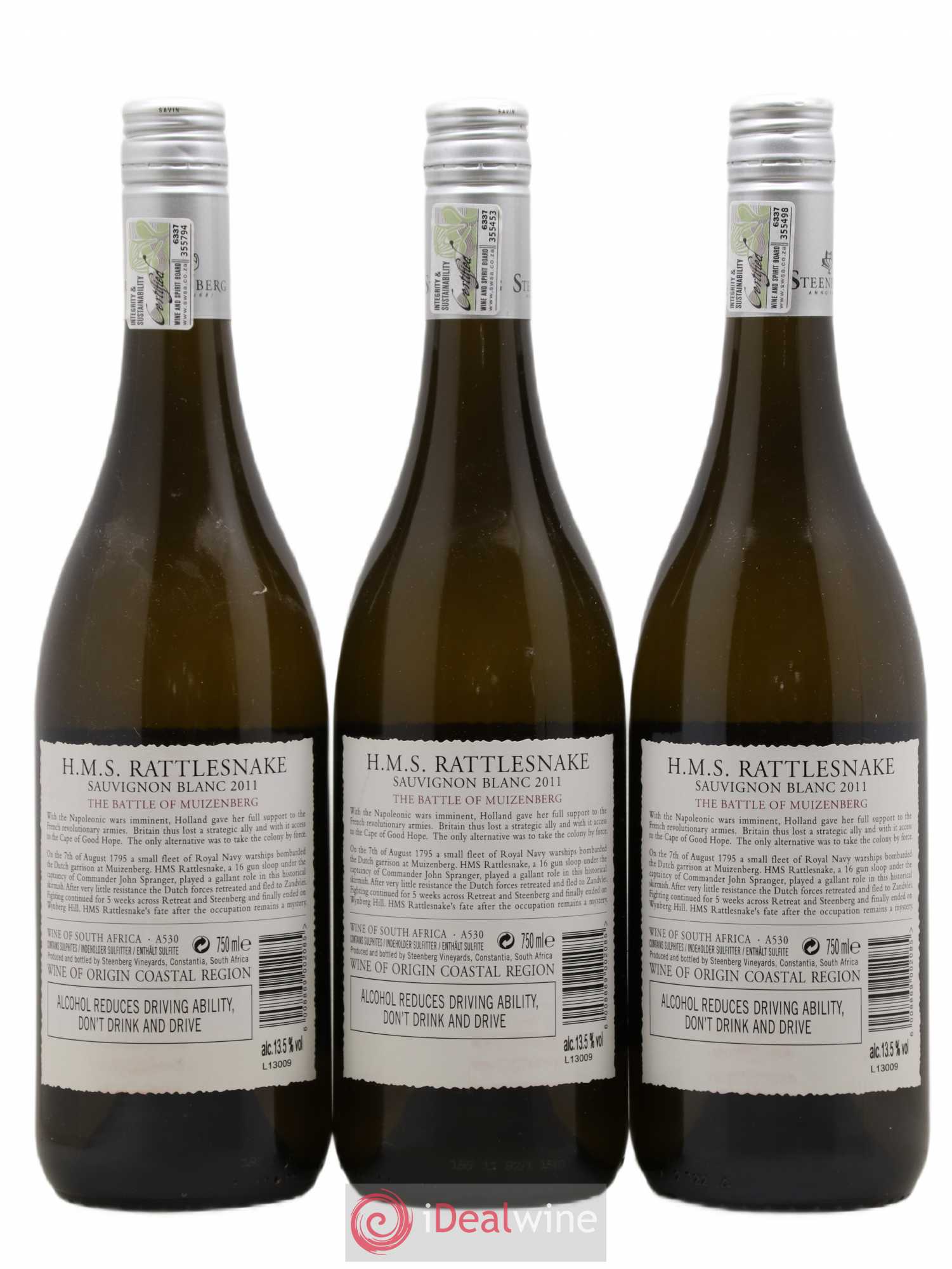 Afrique du Sud Stennberg Vineyards H.M.S Rattlesnake The Battle Of Muizemberg Sauvignon Blanc 2011 - Posten von 3 Flaschen - 1