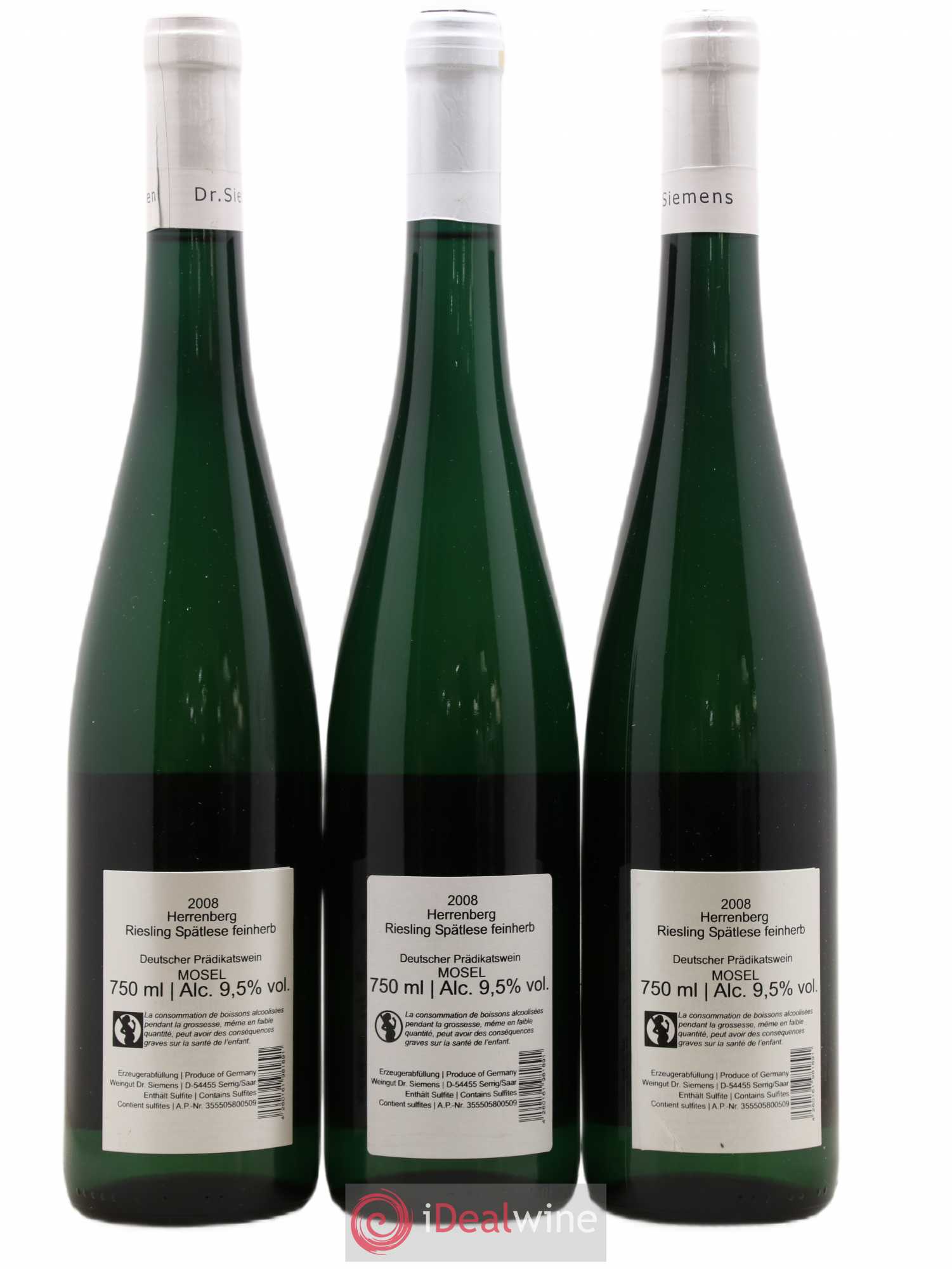Allemagne Mosel-Saar Riesling Wutzberg Spätlese Feinherb Dr Siemens 2008 - Posten von 3 Flaschen - 1