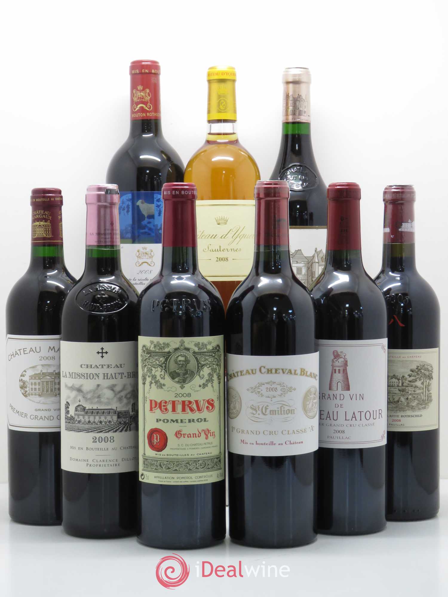 Caisse Collection Duclot 2008 1 Petrus,1 Yquem,1 Haut Brion,1 Mouton Rothschild,1 Margaux,1 Lafite Rothschild,1 Mission Haut Brion,1 Latour,1 Cheval Blanc 2008 - Posten von 1 Flasche - 0