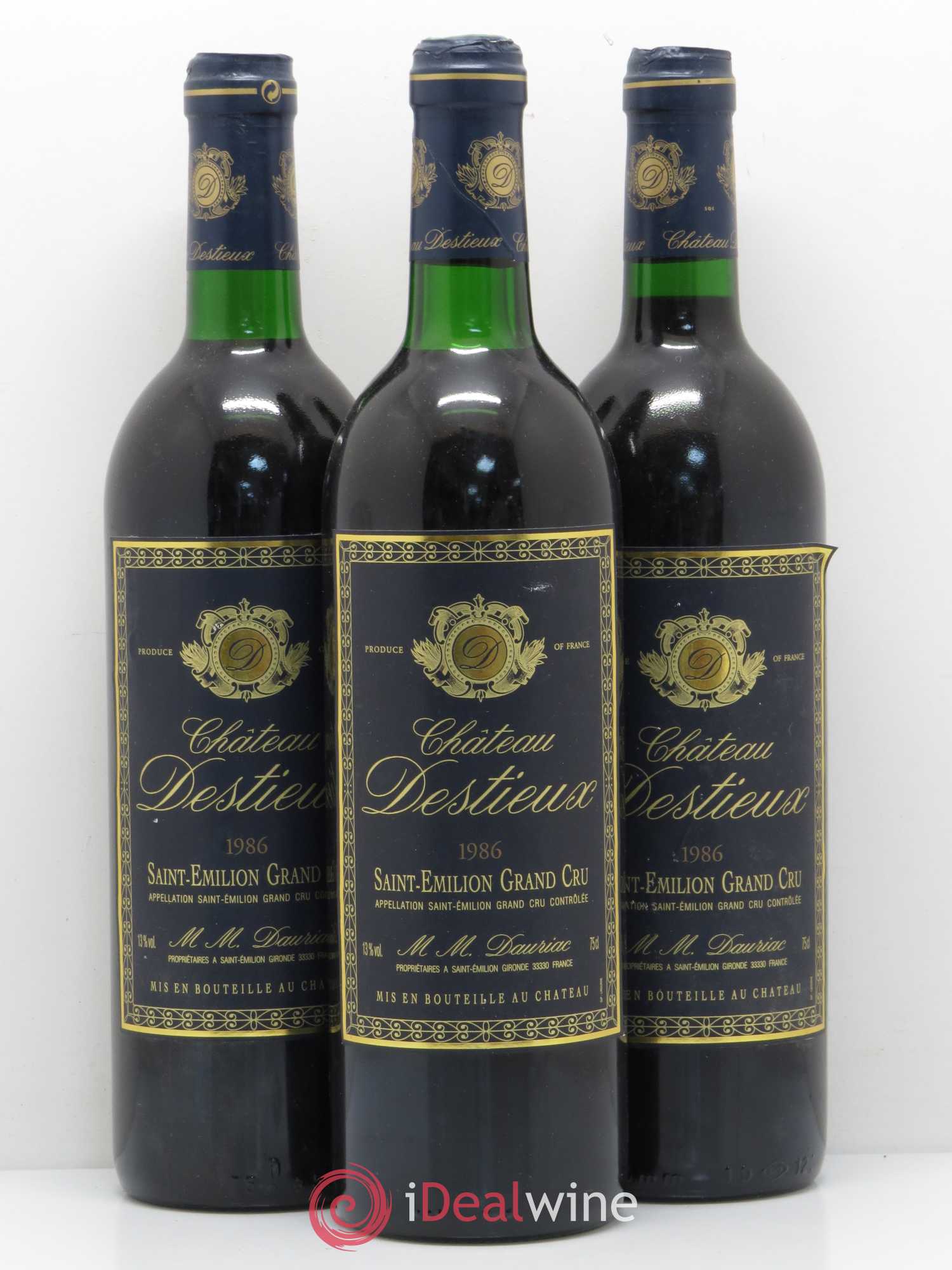 Château Destieux Grand Cru Classé 1986 - Lot de 3 bouteilles - 0