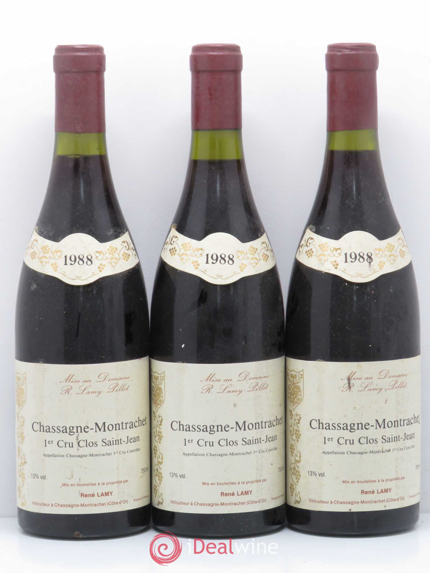 Chassagne-Montrachet 1er Cru Clos Saint Jean Domaine Lamy Pillot 1988 - Lotto di 3 bottiglie - 0