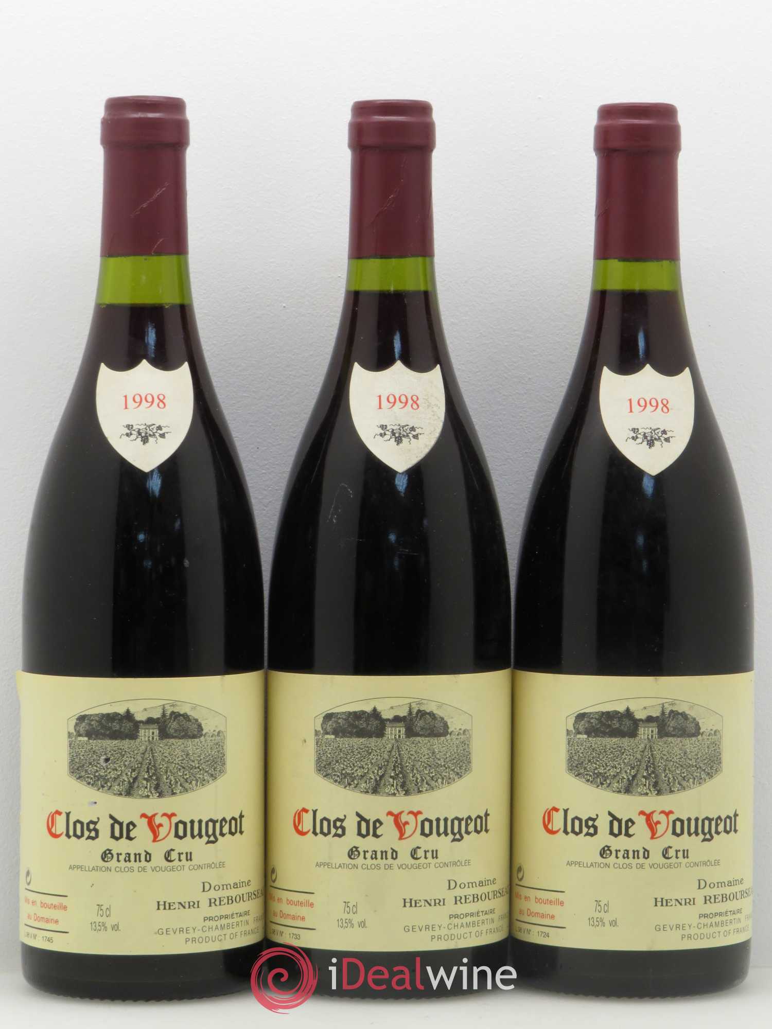 Clos de Vougeot Grand Cru Domaine Henri Rebourseau 1998 - Lot de 3 bouteilles - 0
