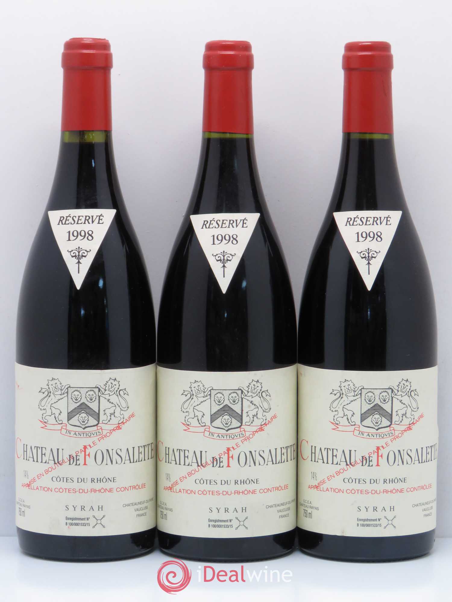 Côtes-du-Rhône Cuvée Syrah Château de Fonsalette 1998 - Lot de 3 bouteilles - 0