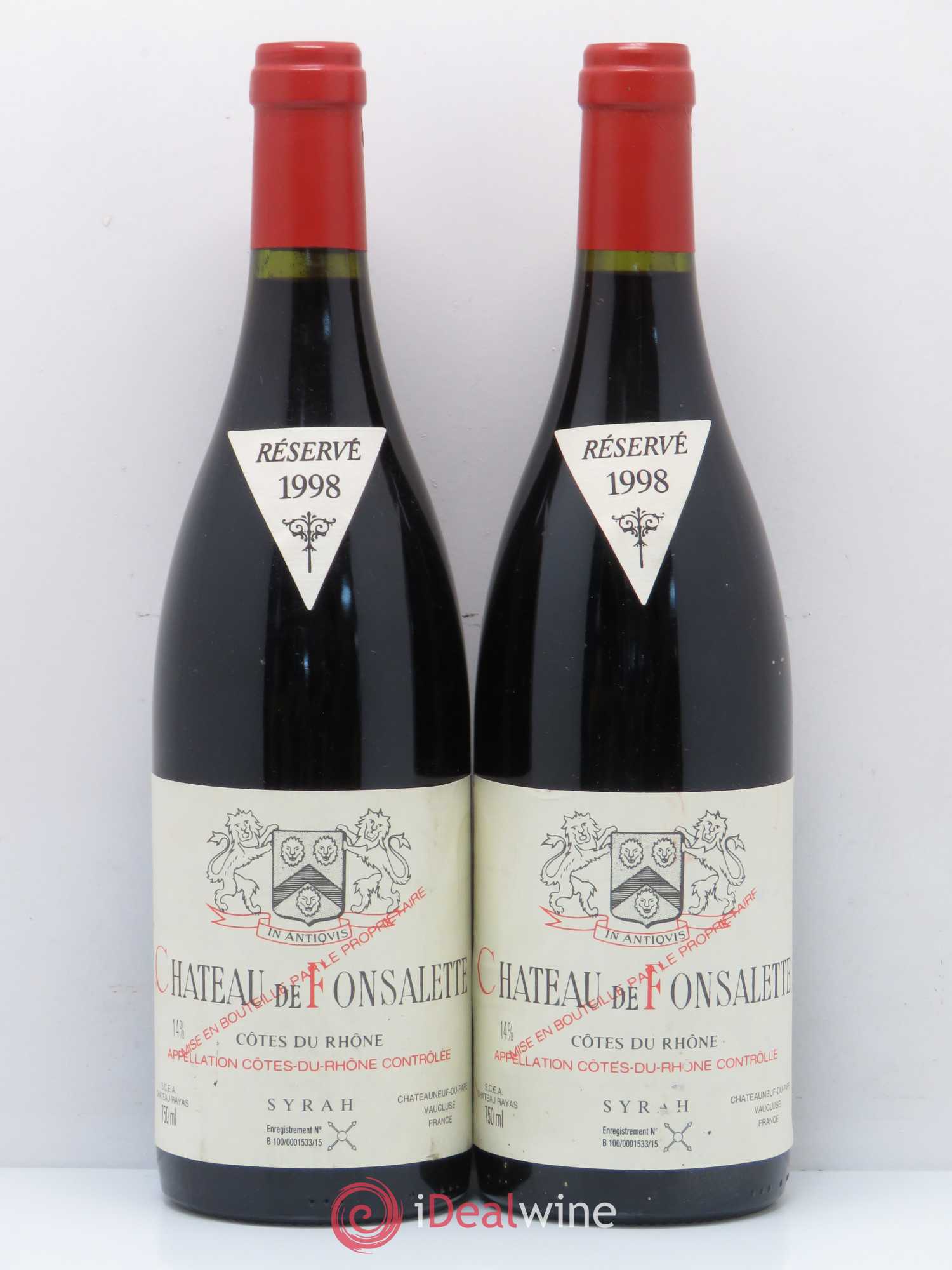 Côtes-du-Rhône Cuvée Syrah Château de Fonsalette 1998 - Lot de 2 bouteilles - 0