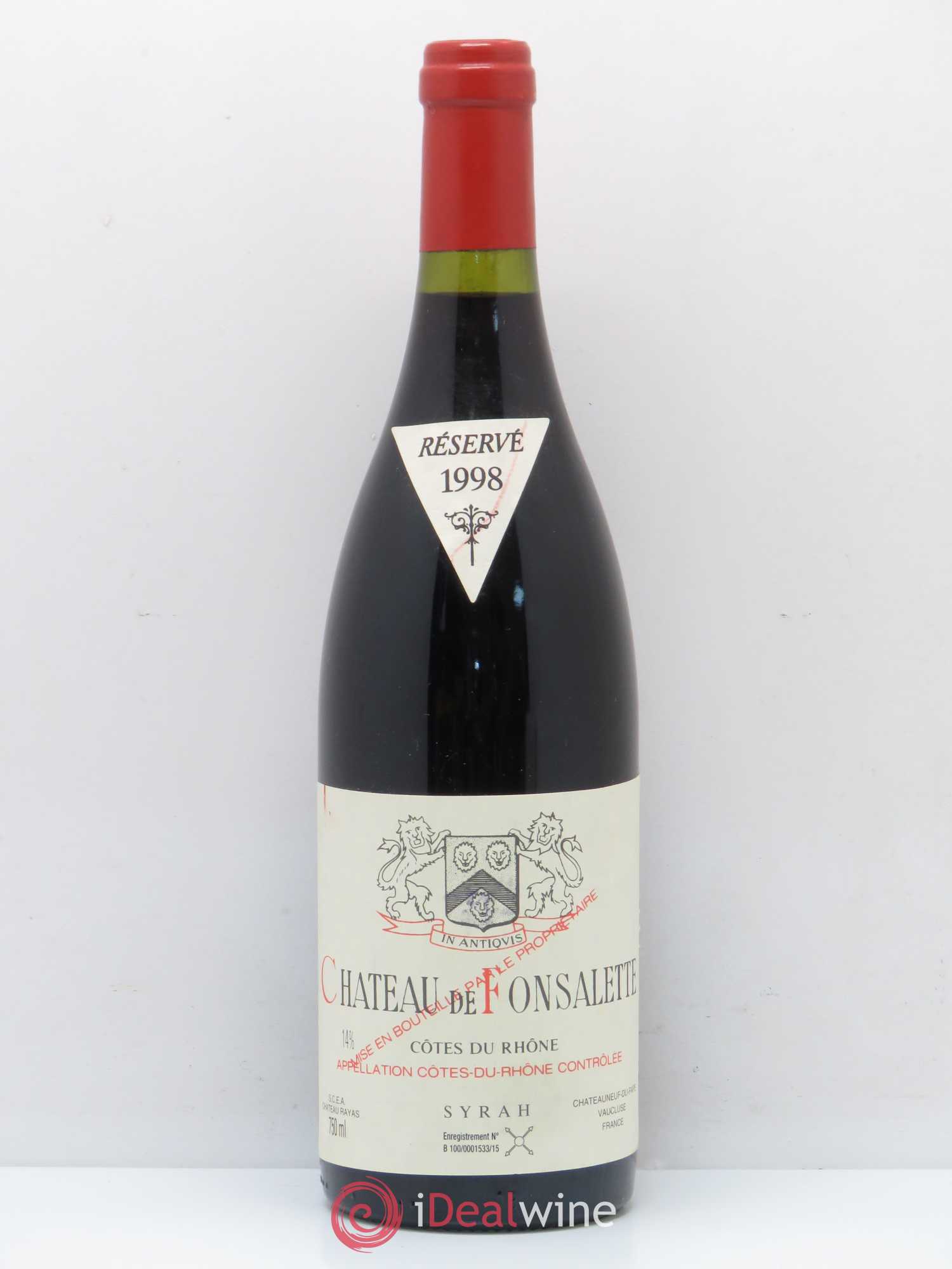 Côtes-du-Rhône Cuvée Syrah Château de Fonsalette 1998 - Lot de 1 bouteille - 0