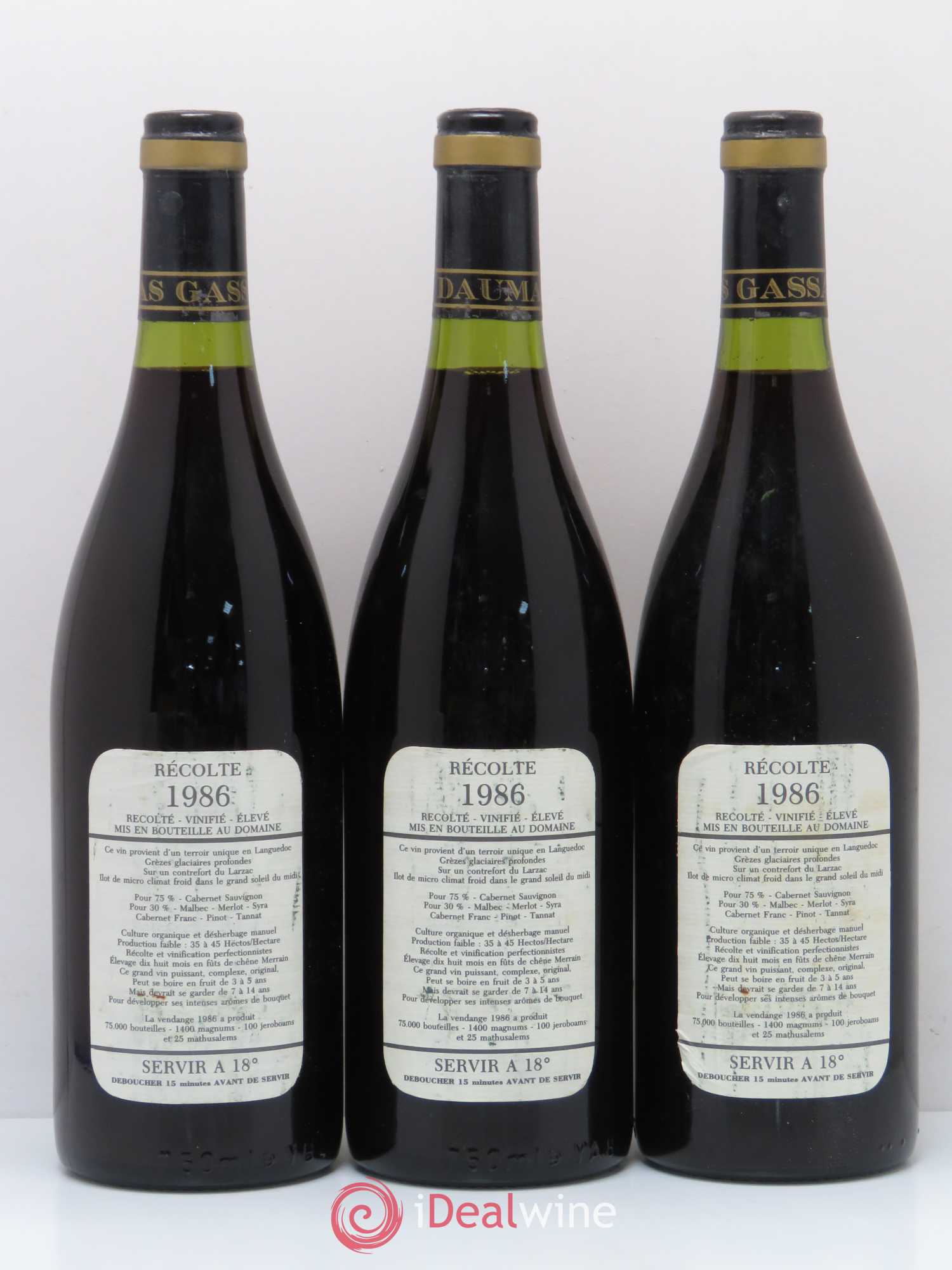 Saint-Guilhem-le-Désert - Cité d'Aniane Mas Daumas Gassac Famille Guibert de La Vaissière 1986 - Lot de 3 bouteilles - 1