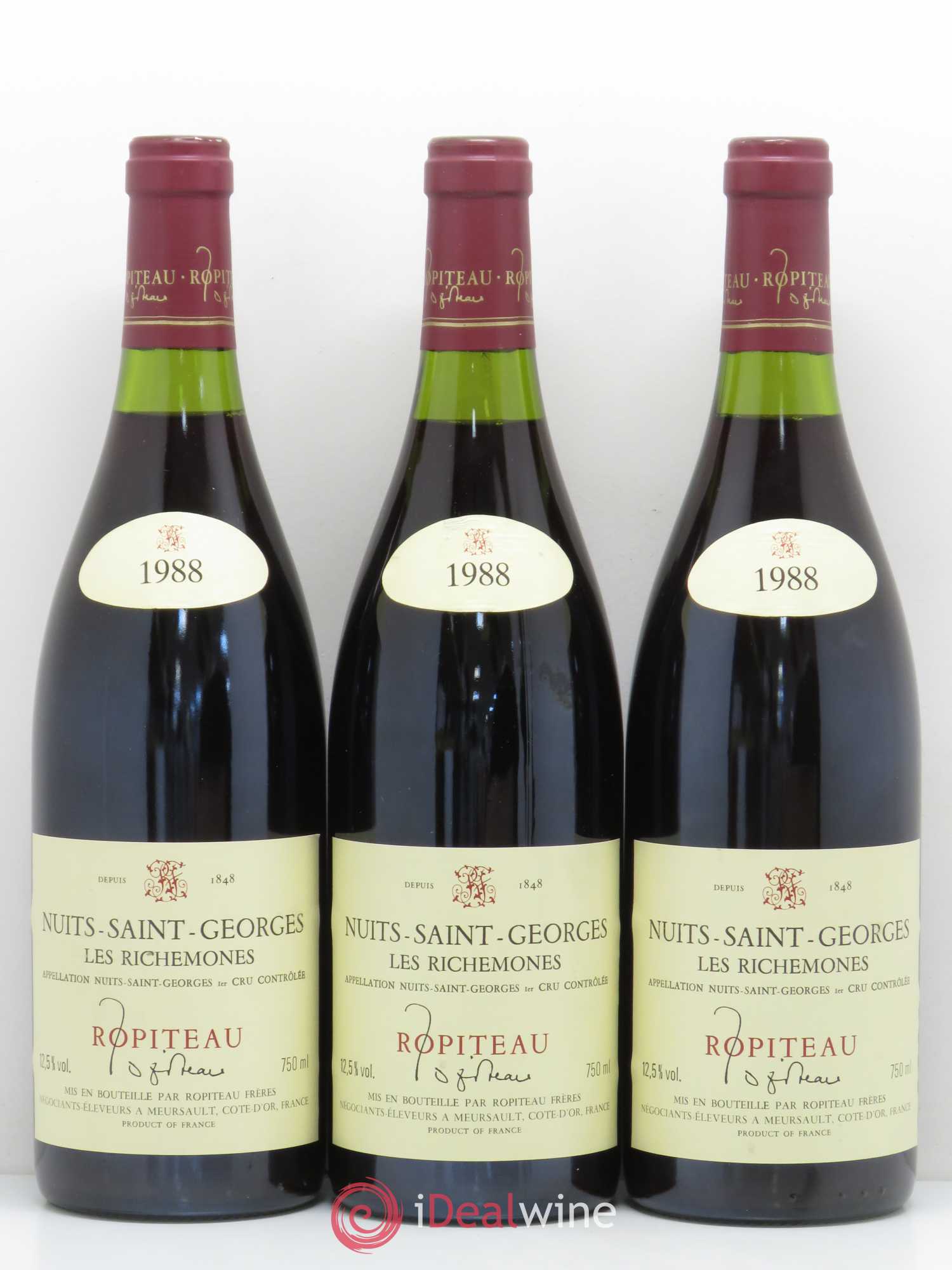 Nuits-Saint-Georges 1er Cru Les Richemones Domaine Ropiteau 1988 - Lot de 3 bouteilles - 0