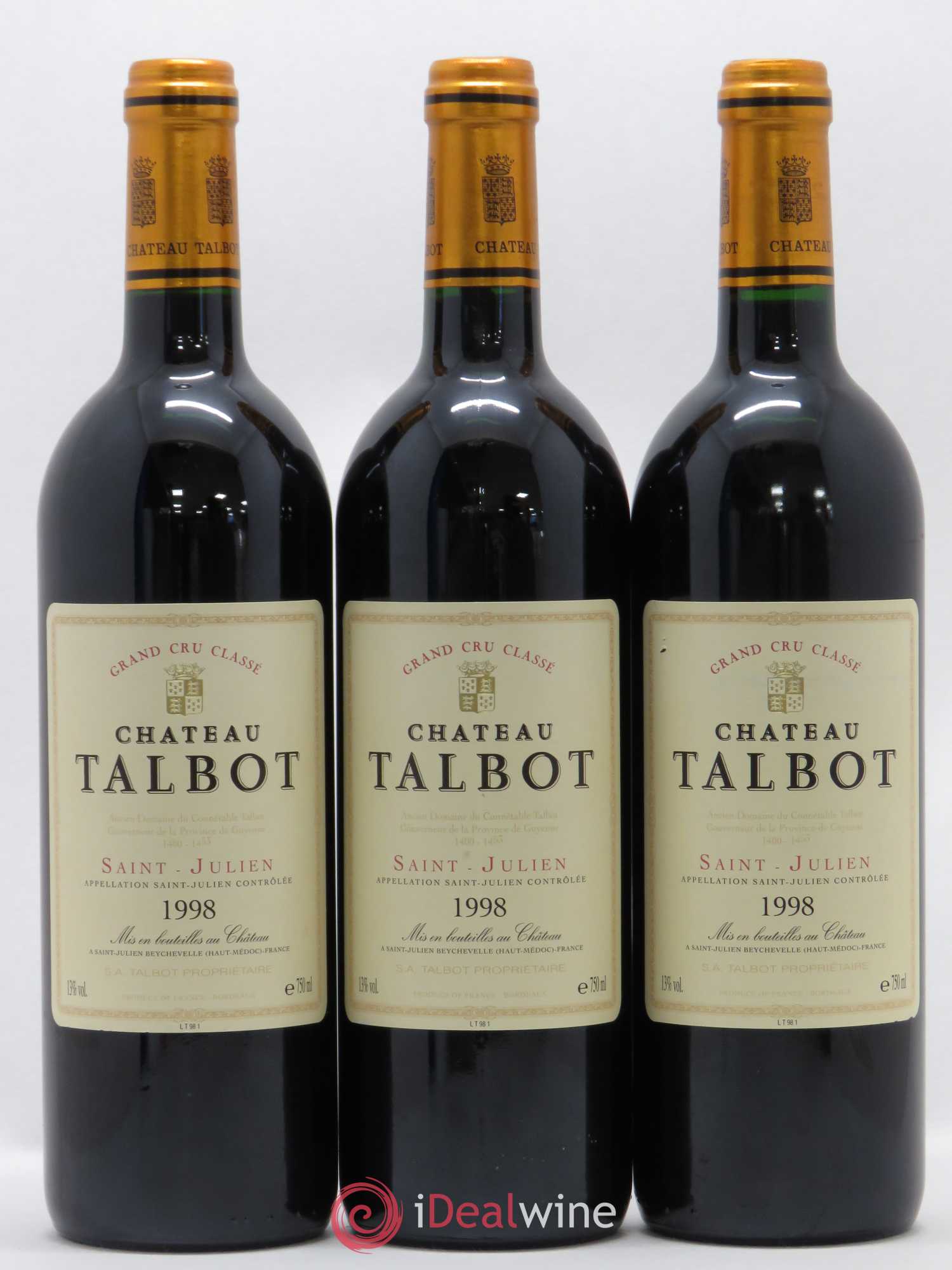 Château Talbot 4ème Grand Cru Classé 1998 - Lot de 3 bouteilles - 0