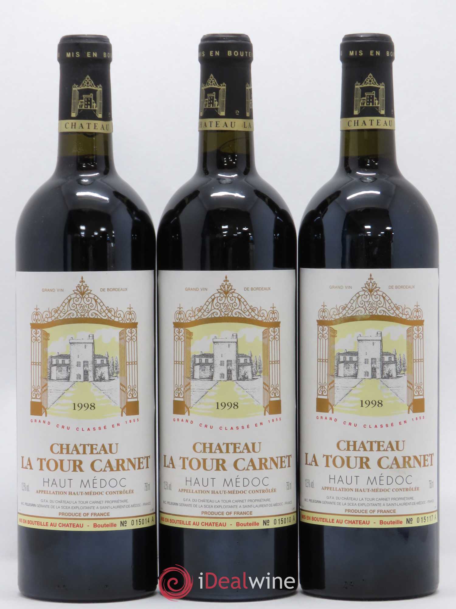 Château la Tour Carnet 4ème Grand Cru Classé 1998 - Lot de 3 bouteilles - 0