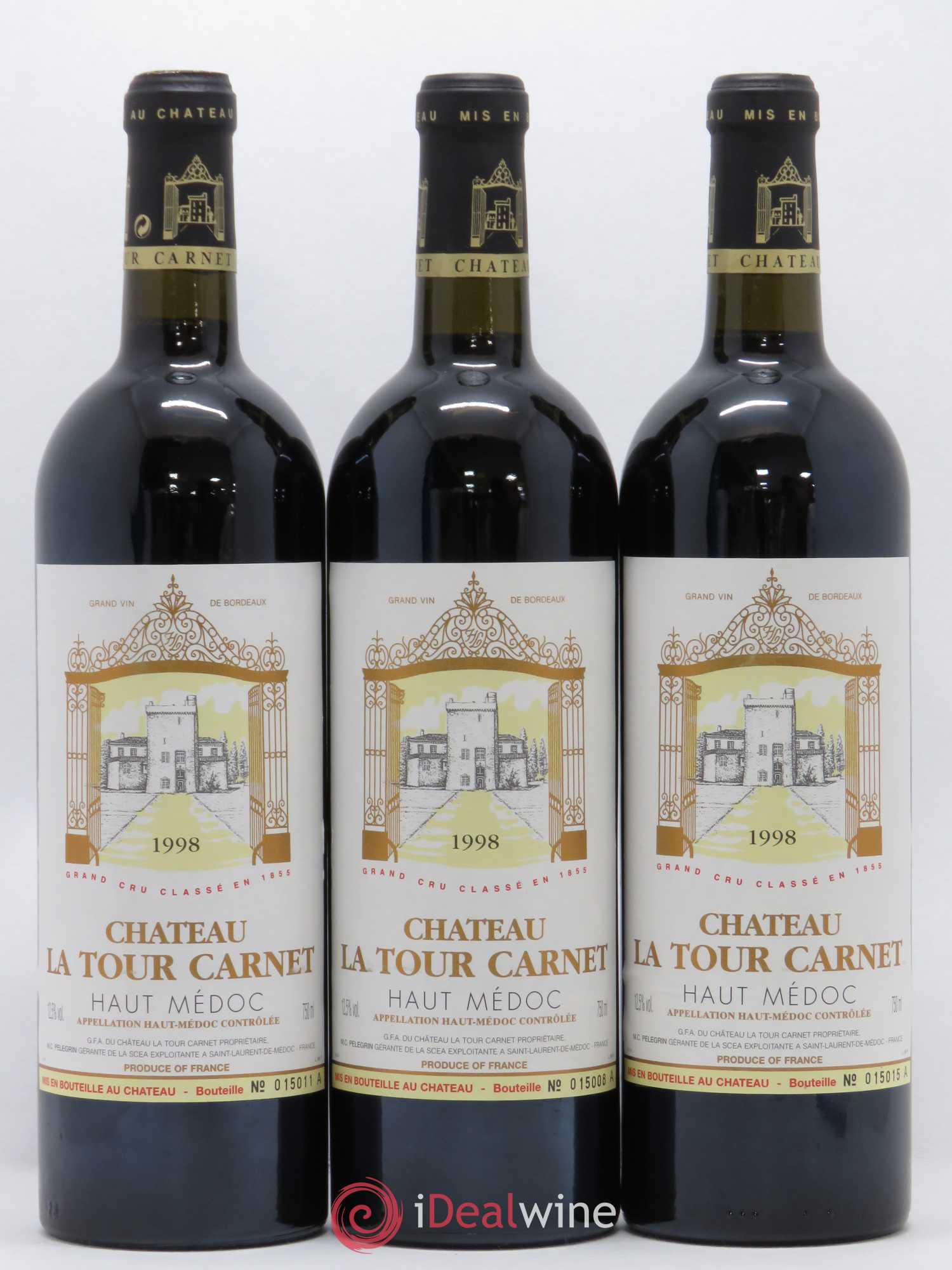 Château la Tour Carnet 4ème Grand Cru Classé 1998 - Lot de 3 bouteilles - 0