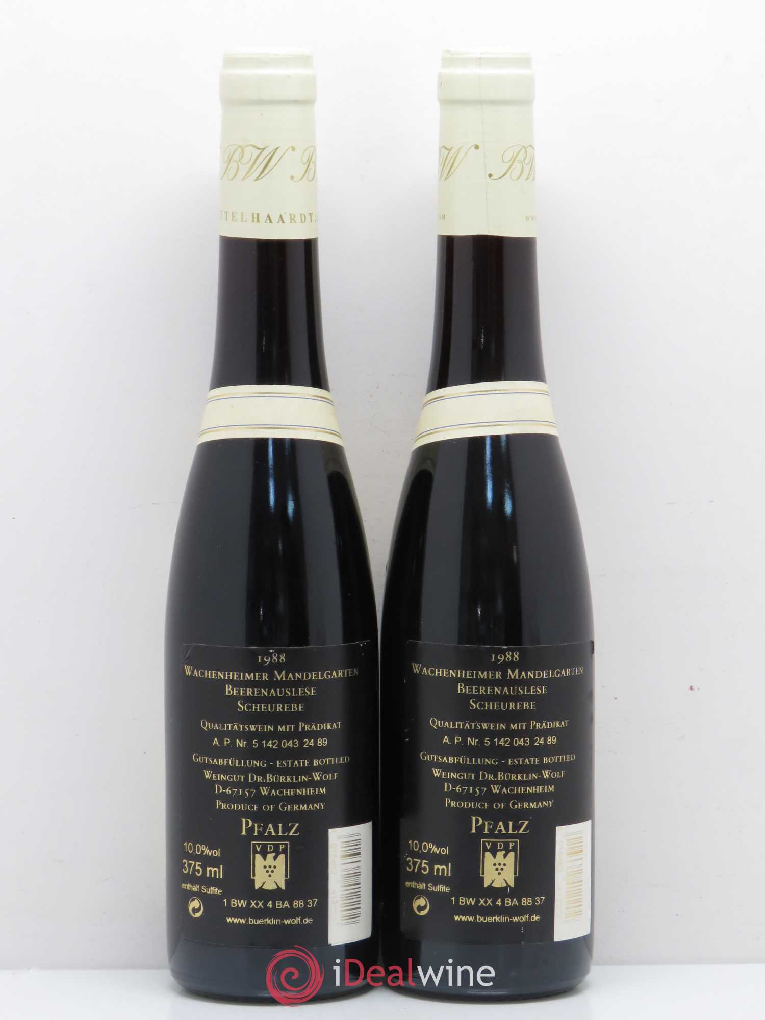 Allemagne Rheingau Wachenheimer Mandelgarten Beerenauslese Scheurebe Dr Burkling Wolf 1988 - Lot of 2 half-bottles - 1