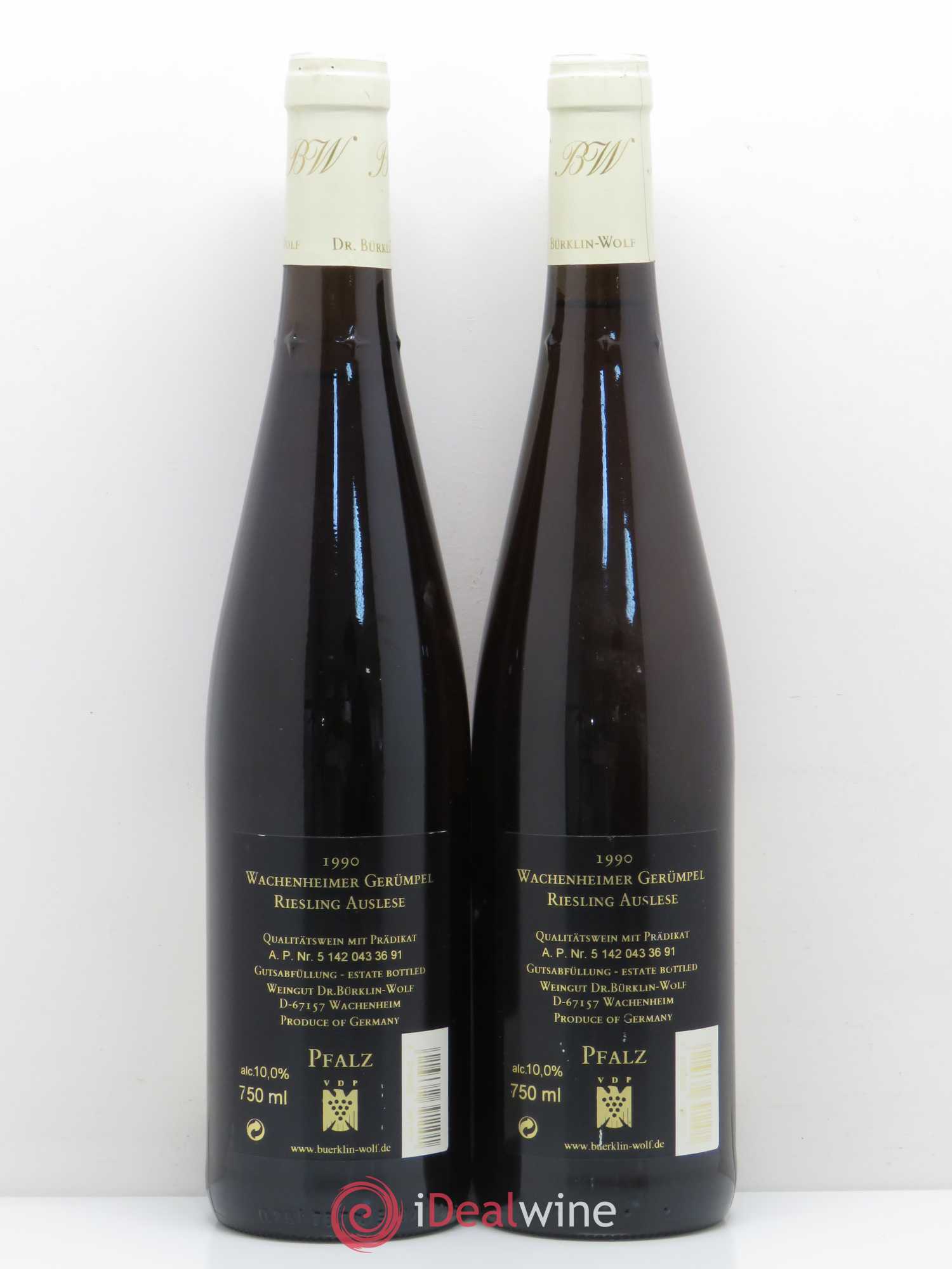 Allemagne Rheingau Pfalz Wachenheimer Gerumpel Riesling Auslese R Dr Burkling Wolf 1990 - Posten von 2 Flaschen - 1
