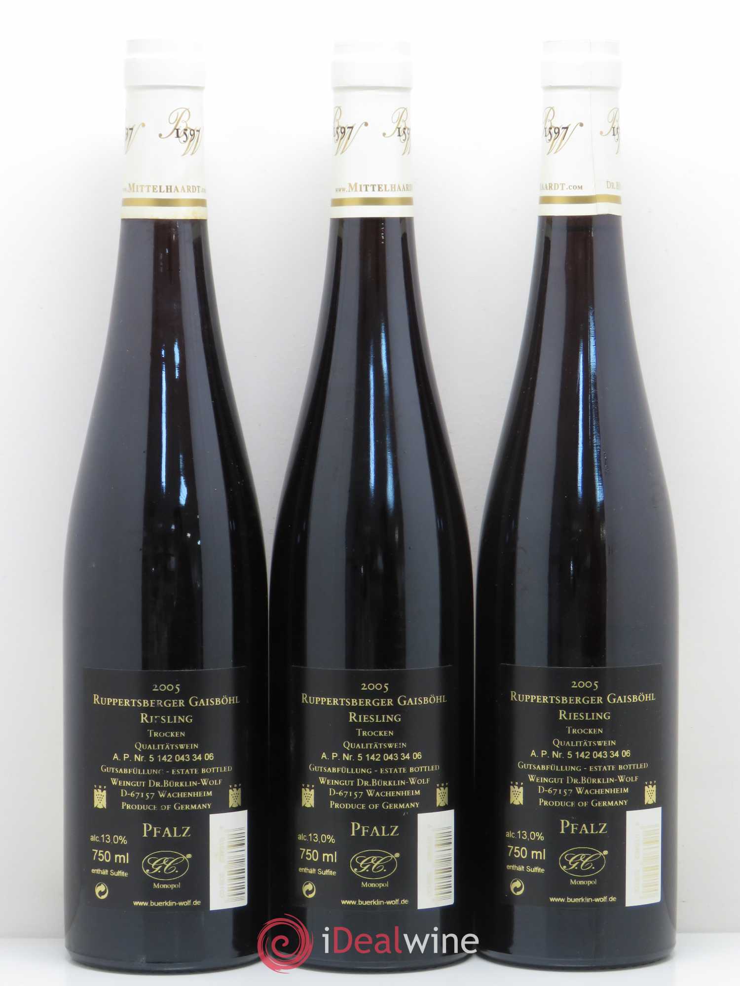 Allemagne Rheingau Ruppertsberger Gaisbohl Riesling Trocken GC Dr Burkling Wolf 2005 - Posten von 3 Flaschen - 1