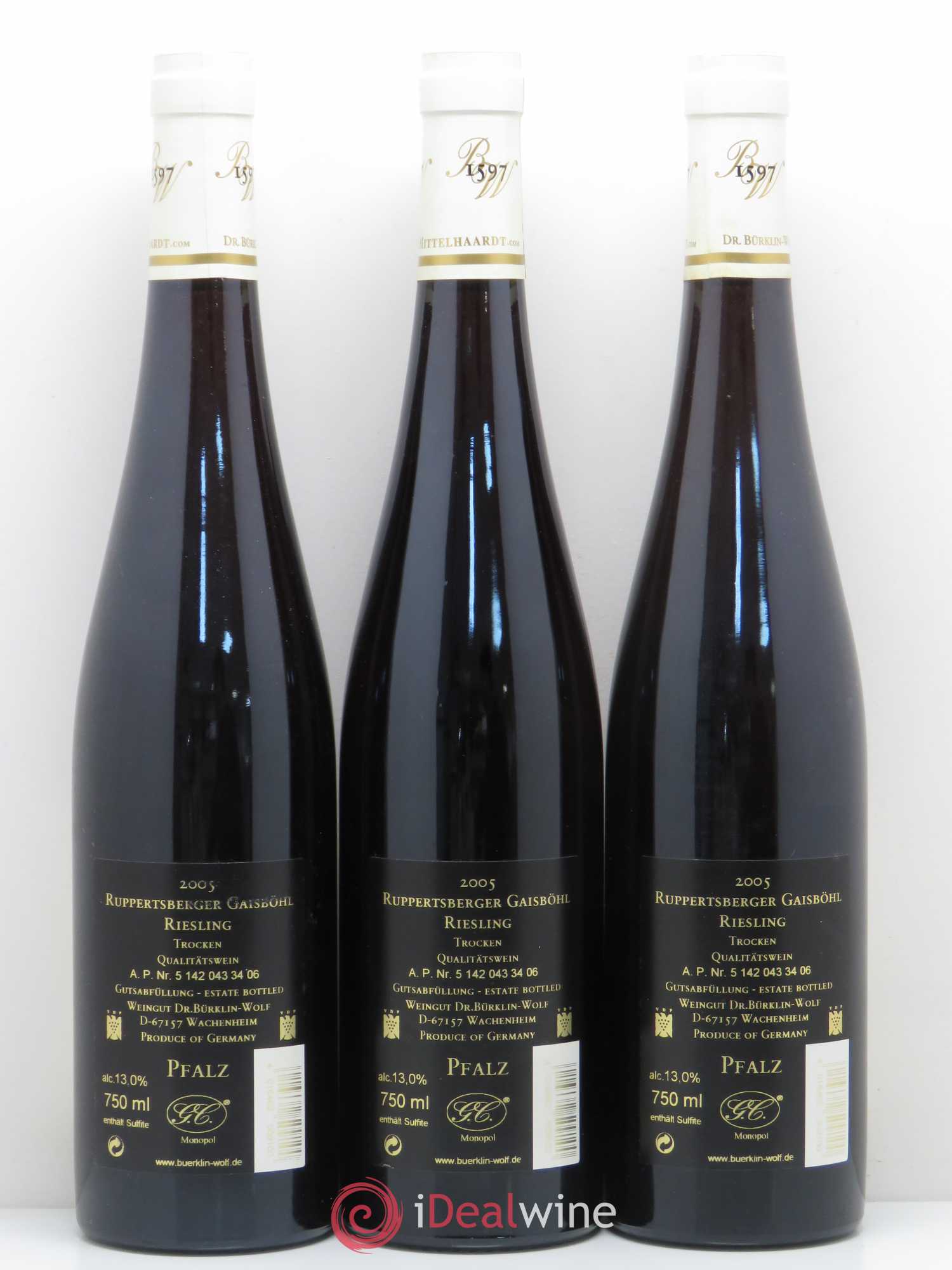 Allemagne Rheingau Ruppertsberger Gaisbohl Riesling Trocken GC Dr Burkling Wolf 2005 - Posten von 3 Flaschen - 1
