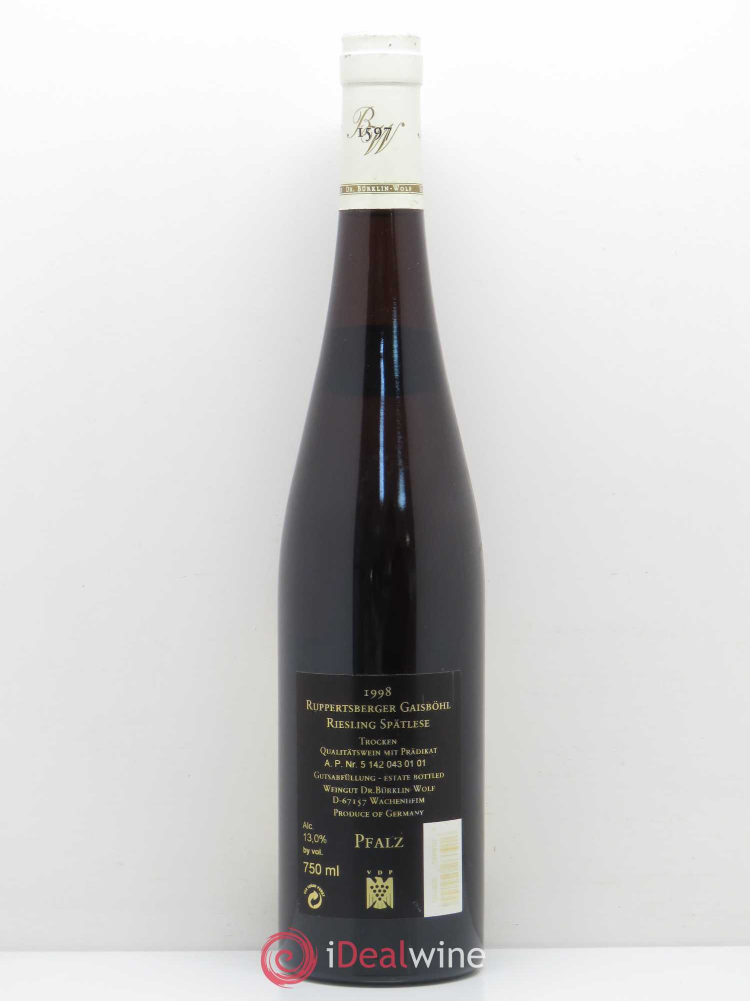 Allemagne Rheingau Ruppertsberger Gaisbohl Riesling Spatlese Trocken GC Dr Burkling Wolf 1998 - Posten von 1 Flasche - 1