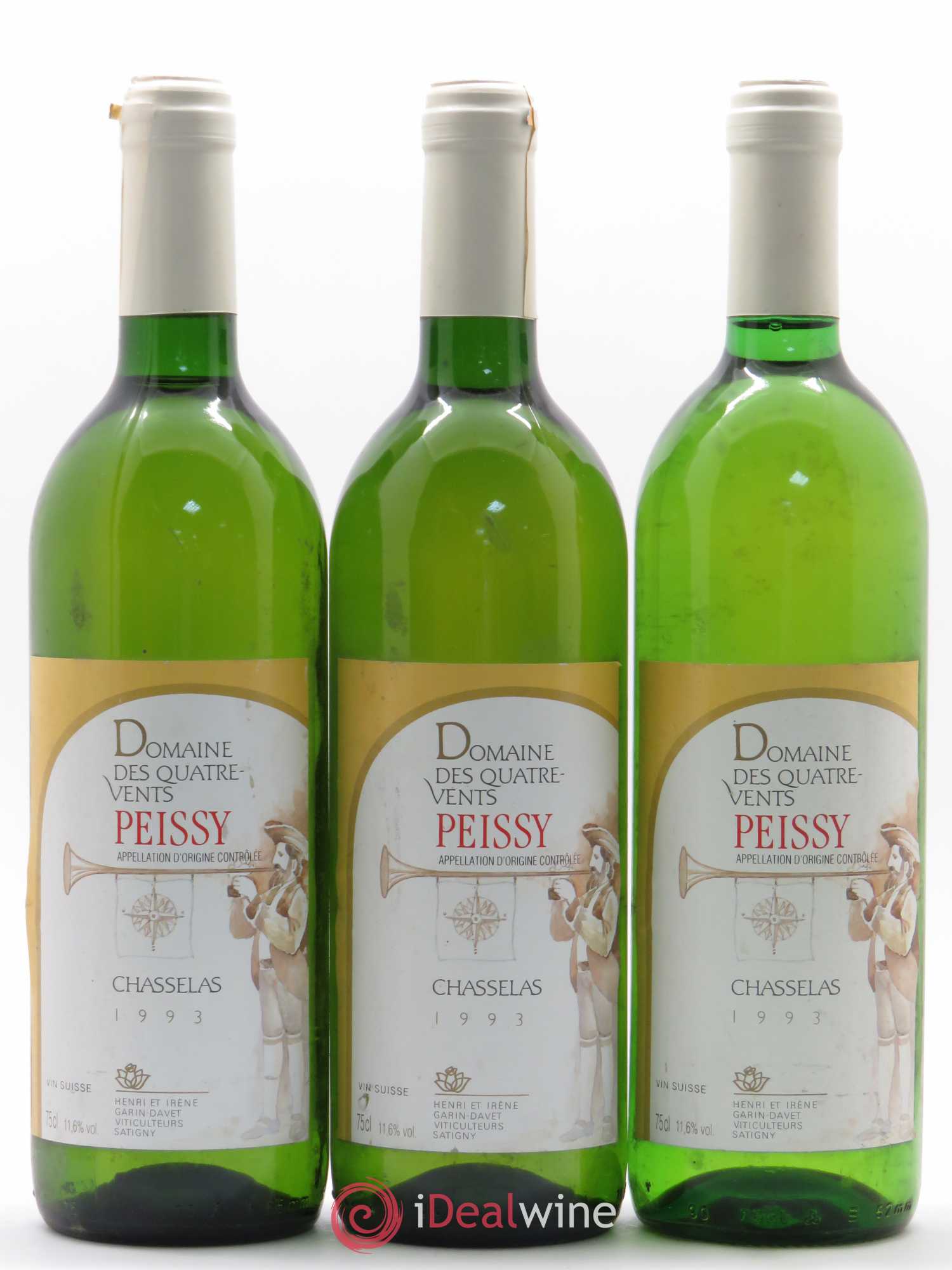 Vins Etrangers Suisse AOC Peissy Chasselas Domaine des Quatre Vents (sans prix de réserve) 1993 - Posten von 3 Flaschen - 0