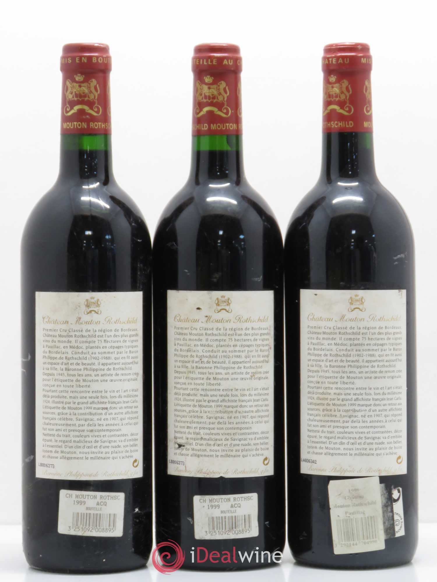 Château Mouton Rothschild 1er Grand Cru Classé 1999 - Lot de 3 bouteilles - 1