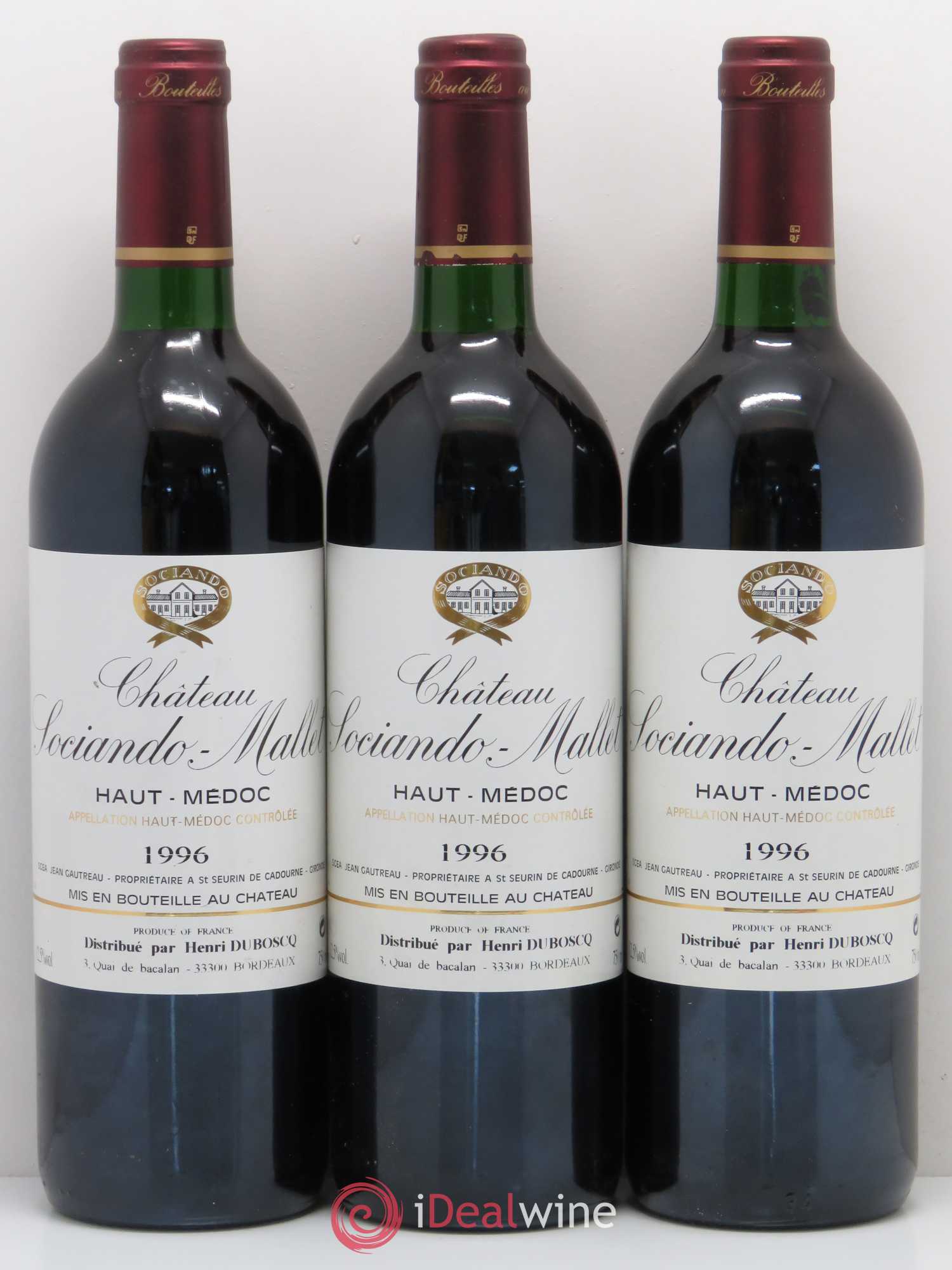Château Sociando Mallet 1996 - Lot de 3 bouteilles - 0