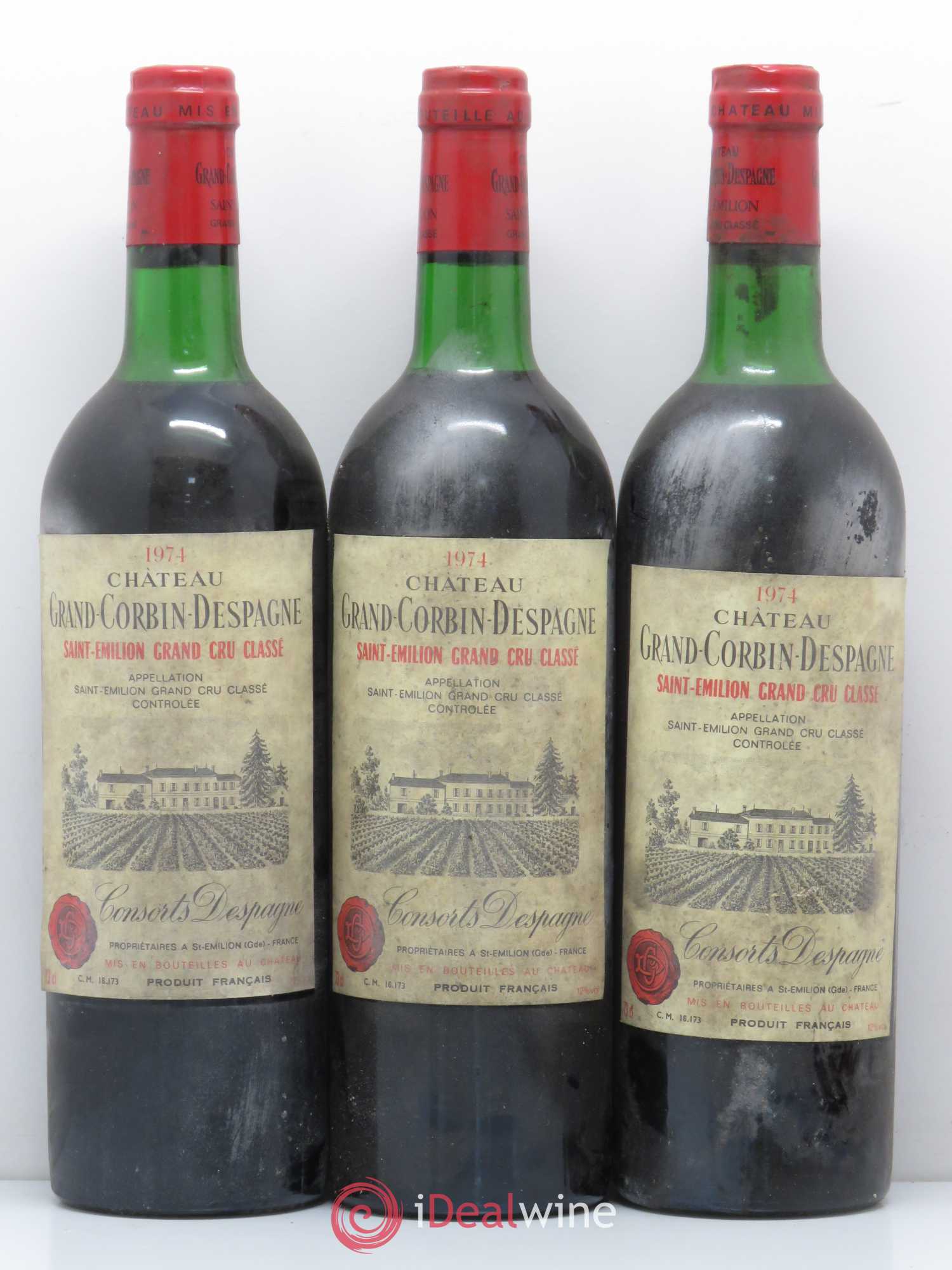 Château Grand Corbin Despagne Grand Cru Classé 1974 - Lot de 3 bouteilles - 0