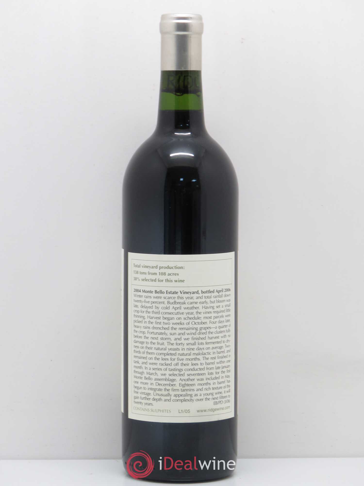Santa Cruz Mountains Monte Bello Ridge Vineyards 2004 - Lot de 1 bouteille - 1