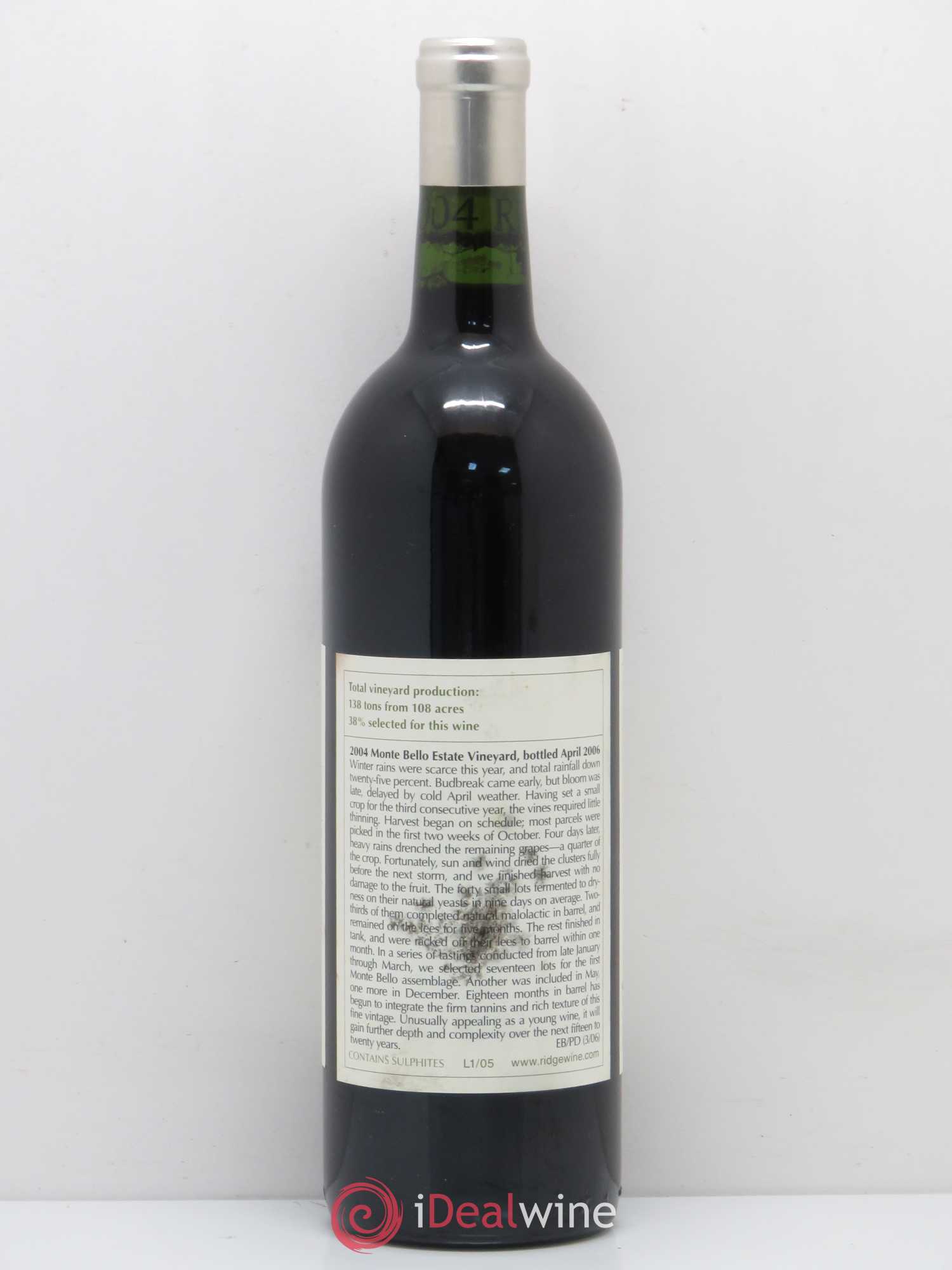 Santa Cruz Mountains Monte Bello Ridge Vineyards 2004 - Lot de 1 bouteille - 1