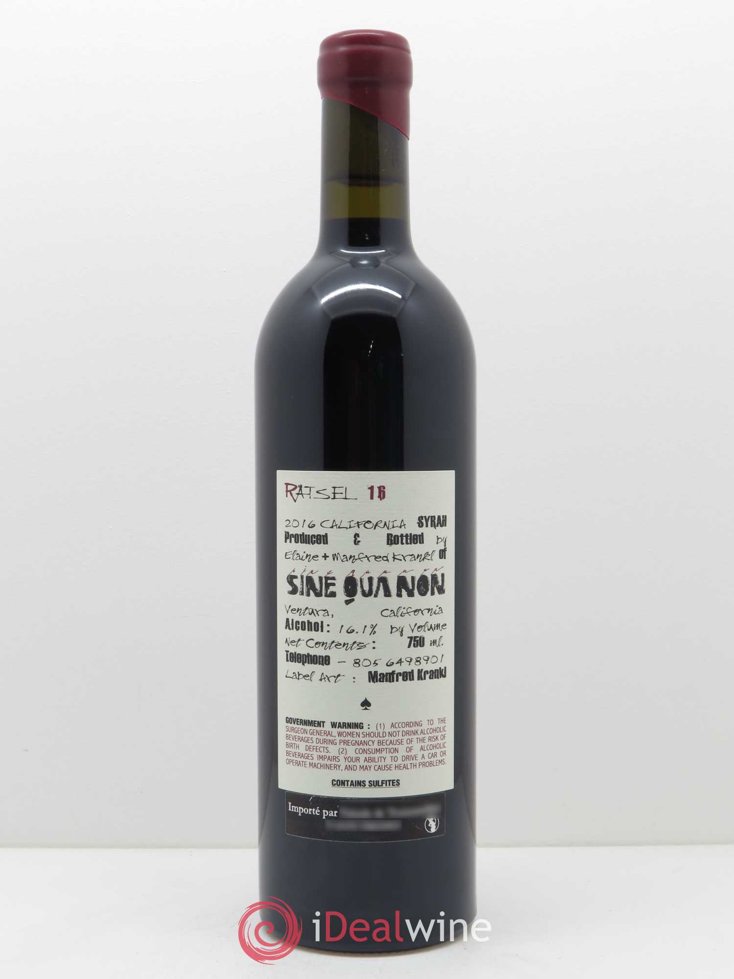 Santa Barbara Sine Qua Non Ratsel Syrah Manfred Krankl 2016 - Lot de 1 bouteille - 1