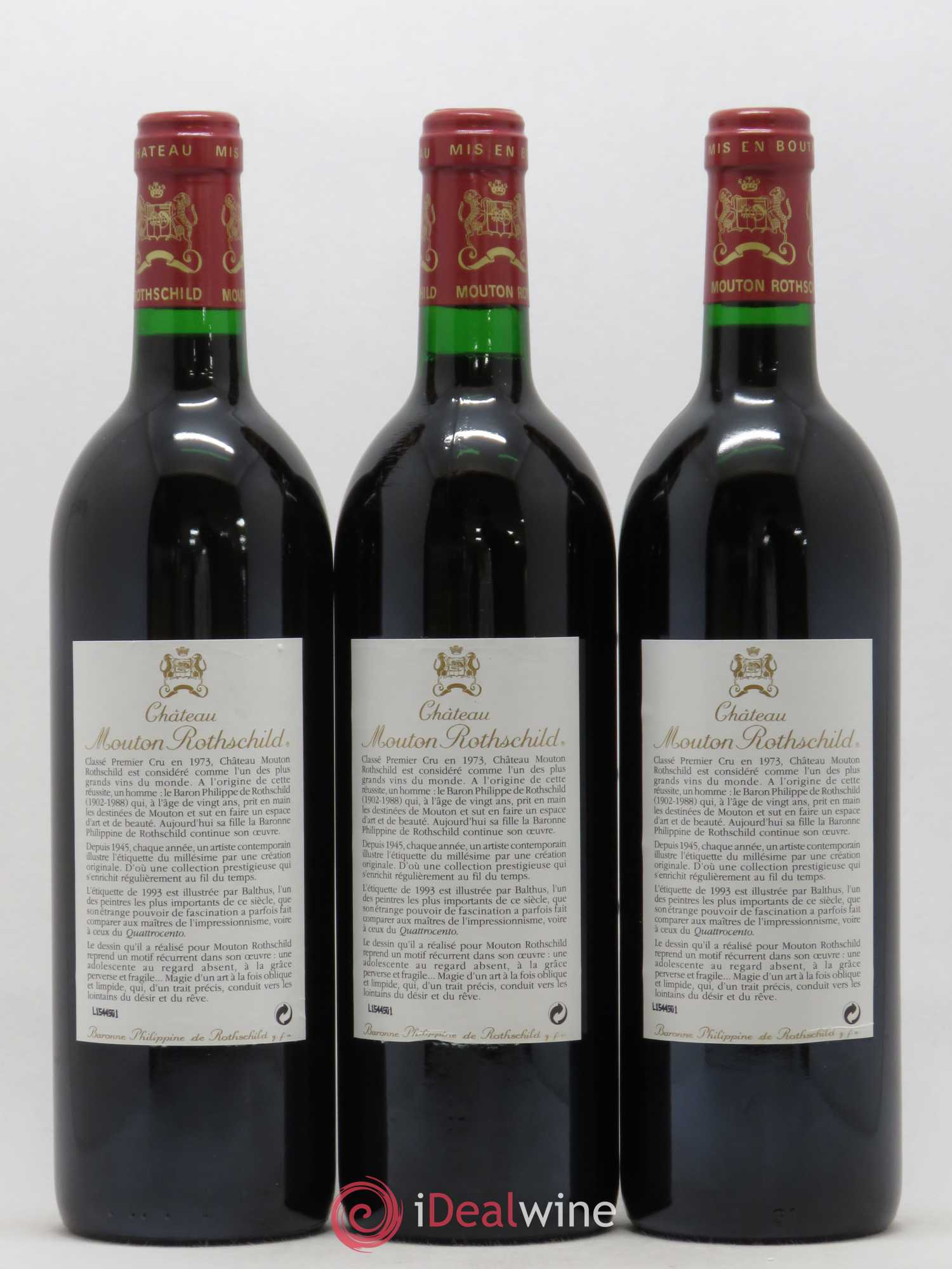 Château Mouton Rothschild 1er Grand Cru Classé 1993 - Lot de 3 bouteilles - 1