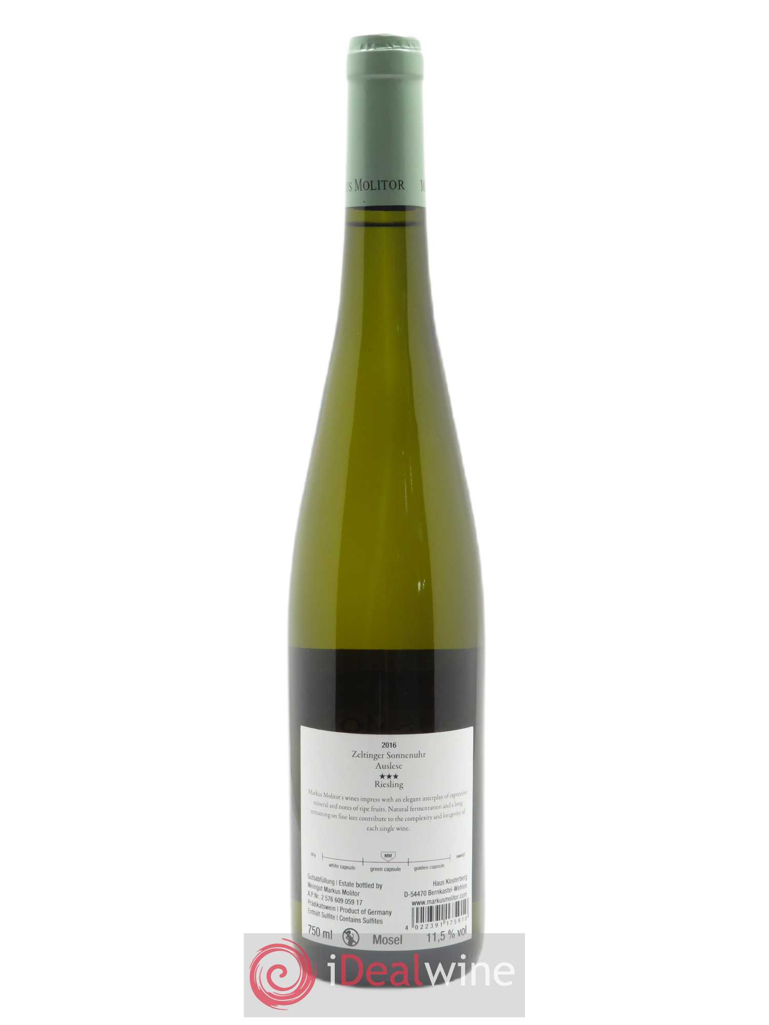 Riesling Markus Molitor Zeltinger Sonnenuhr Auslese Green Capsule°°° 2016 - Lot de 1 bouteille - 1