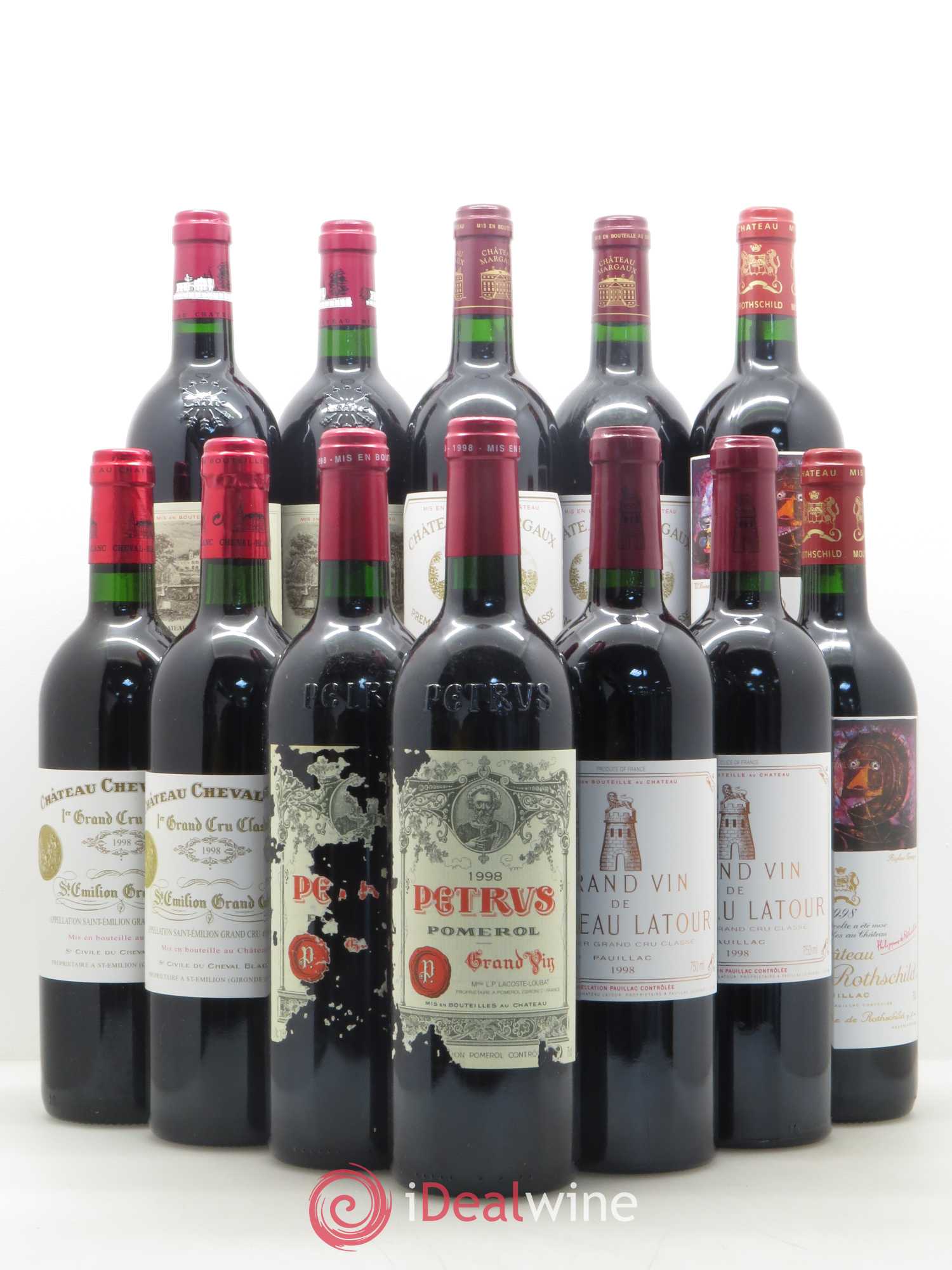 Caisse Prestige 2 Petrus - 2 Château Cheval Blanc - 2 Château Mouton Rothschild - 2 Château Margaux - 2 Château Latour - 2 Château Lafite Rothschild 1998 - Lot de 12 bouteilles - 0