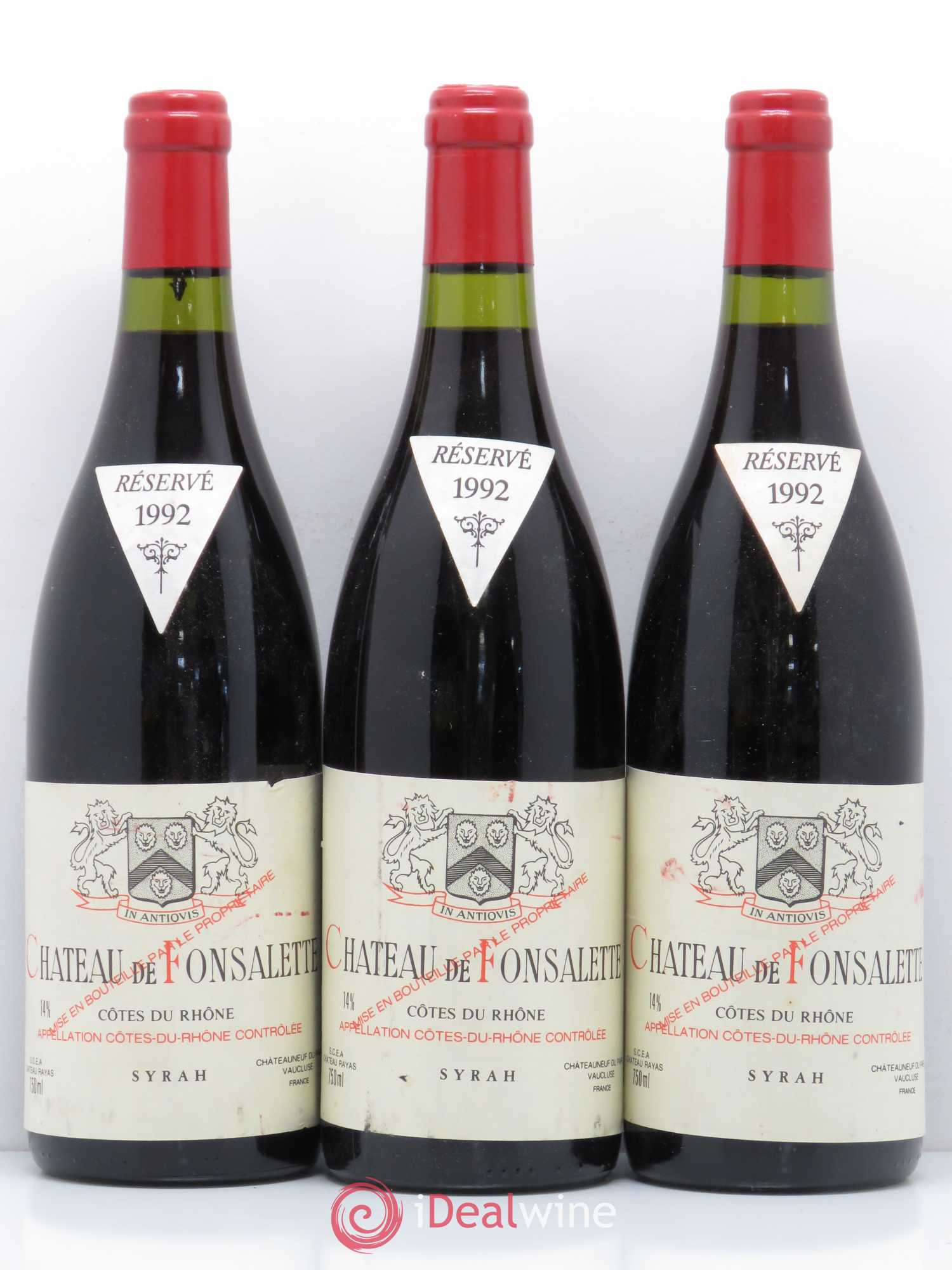 Côtes-du-Rhône Cuvée Syrah Château de Fonsalette 1992 - Lot de 3 bouteilles - 0