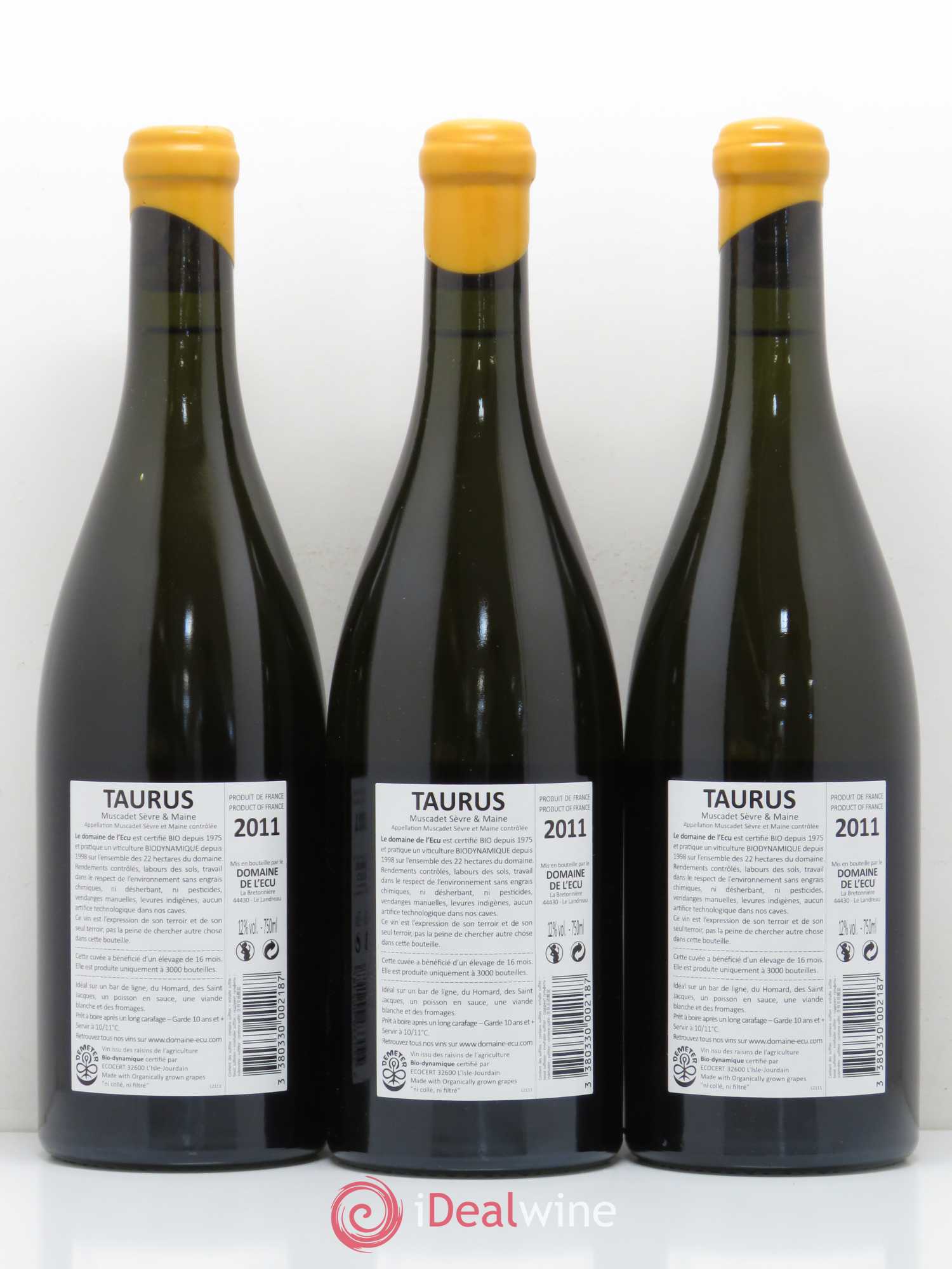 Vin de France (ex-Muscadet-Sèvre-et-Maine) Taurus Domaine de L'Ecu 2011 - Lot de 3 bouteilles - 1