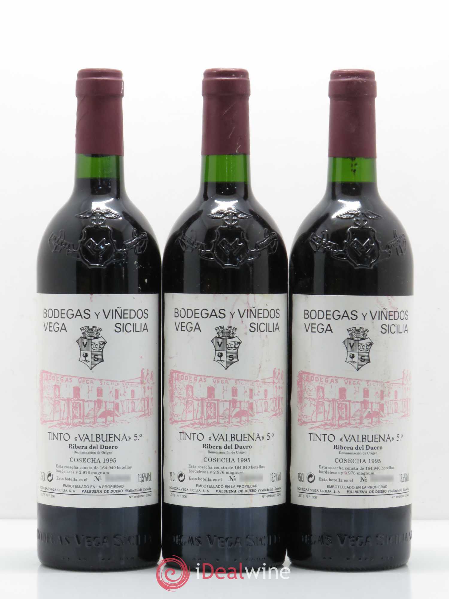 Ribera Del Duero DO Vega Sicilia Valbuena 5 ano Famille Alvarez 1995 - Lot de 3 bouteilles - 0