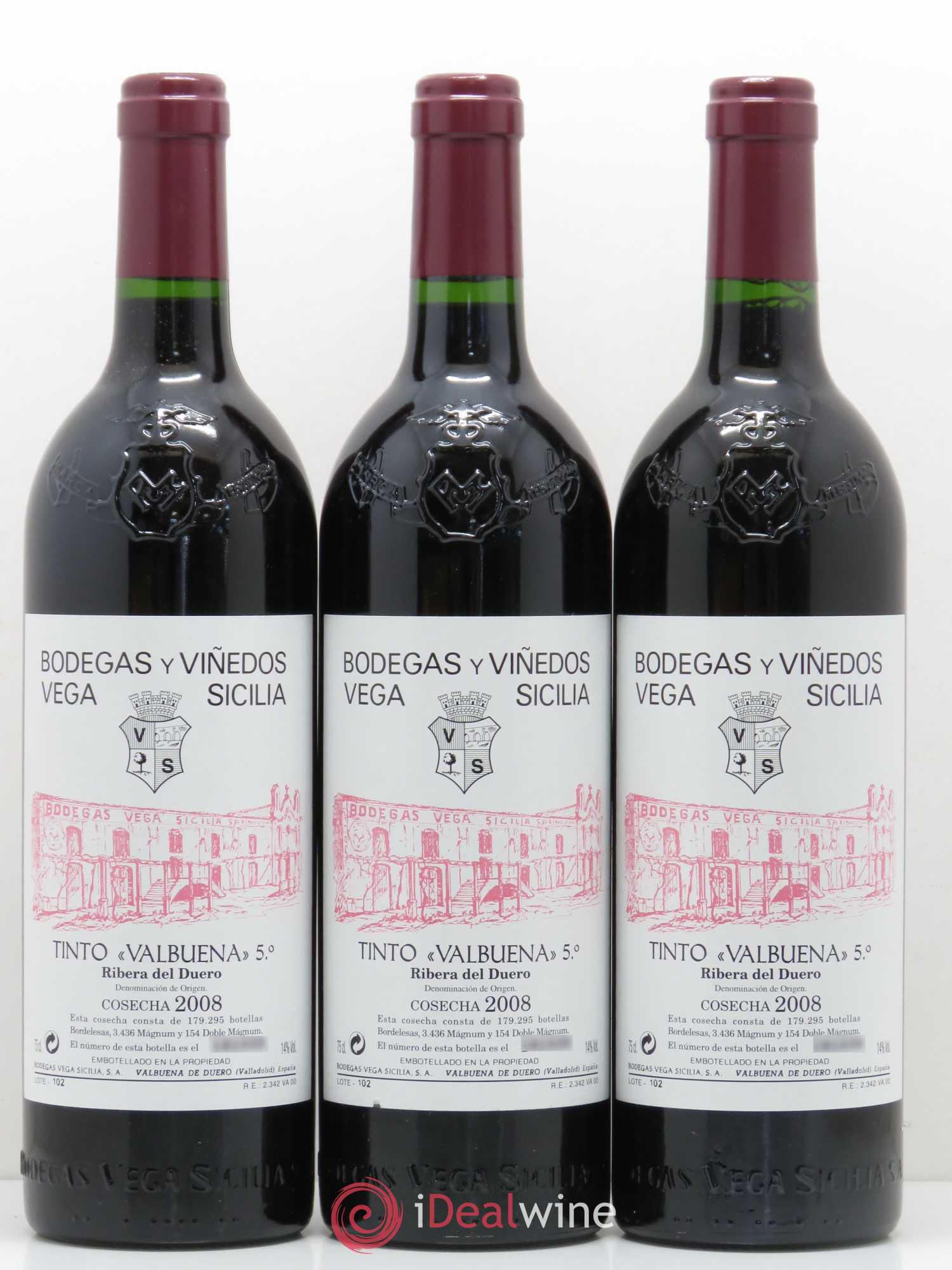 Ribera Del Duero DO Vega Sicilia Valbuena 5 ano Famille Alvarez 2008 - Lot de 3 bouteilles - 0