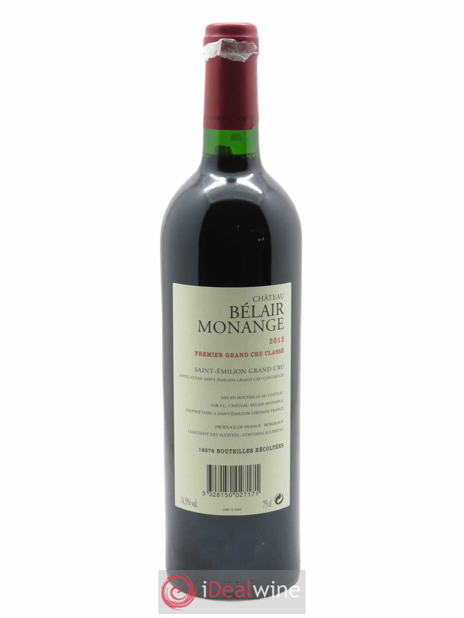 Château Belair (Belair-Monange) 1er Grand Cru Classé B (CBO à partir de 6 BTS) 2012 - Lot de 1 bouteille - 1