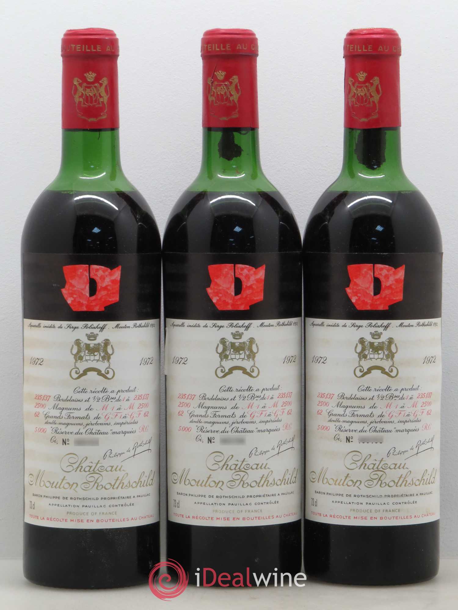 Château Mouton Rothschild 1er Grand Cru Classé 1972 - Lot de 3 bouteilles - 0