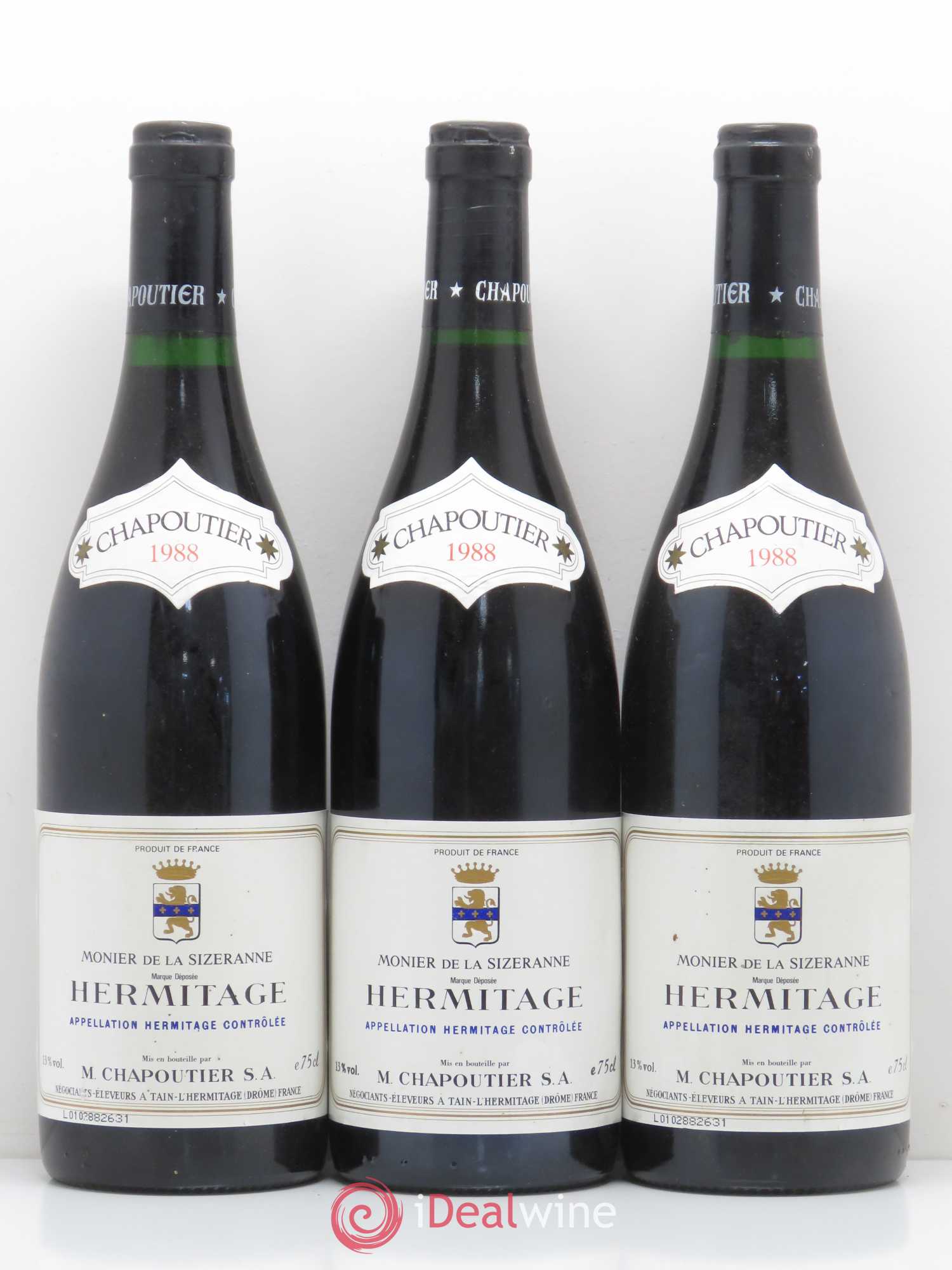 Hermitage Monier de La Sizeranne Chapoutier 1988 - Lot de 3 bouteilles - 0